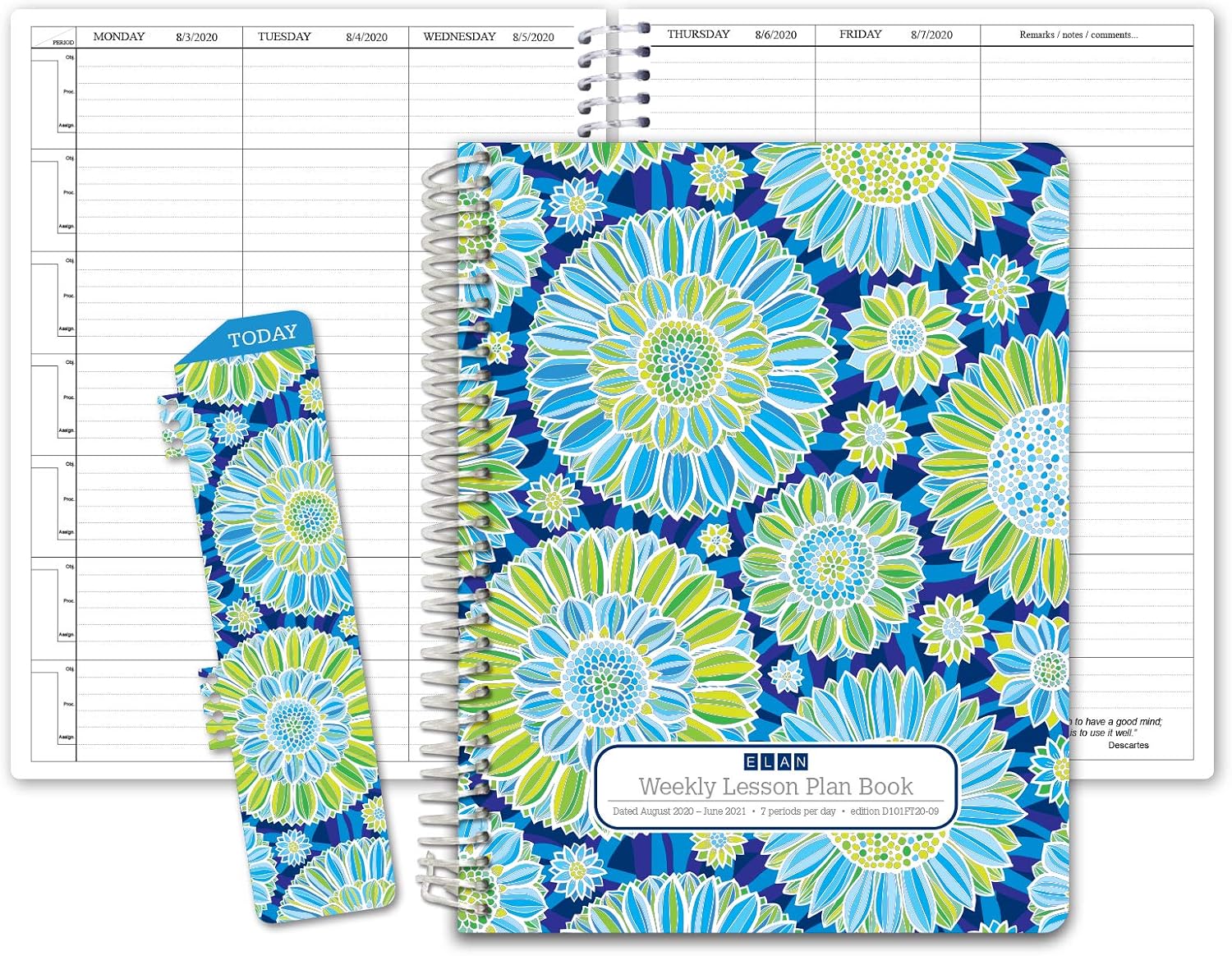HARDCOVER 7 Period Dated Teacher Lesson Plan; Days Horizontally Across The Top Dated for 2020-2021 Academic Year (D101) (+) Bonus Clip-in Bookmark (Blue Green Flowers)