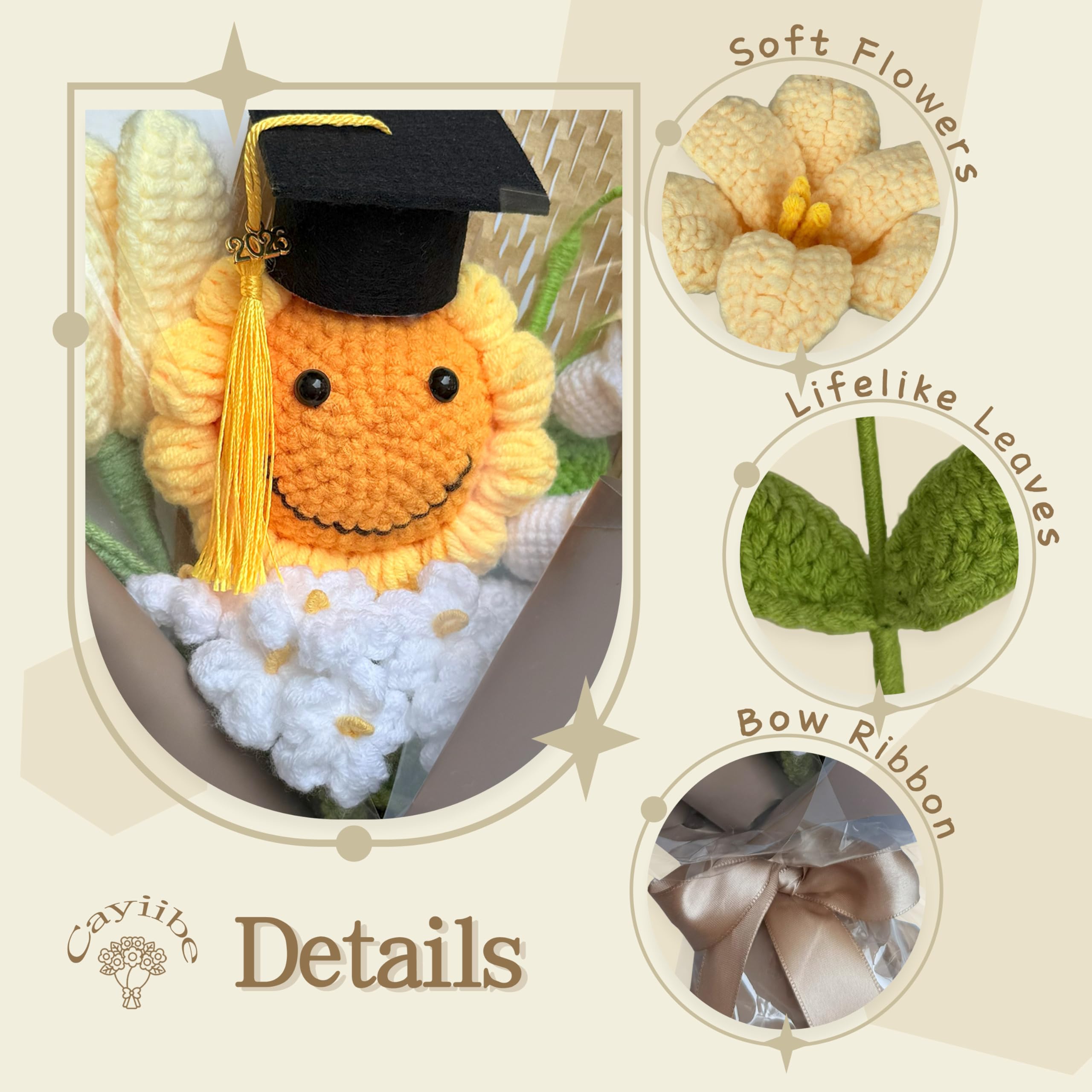 Graduation Gifts Sunflower Crochet Flowers Bouquet with Greeting Cards Handmade Knitted Artificial Flowers Home Decor