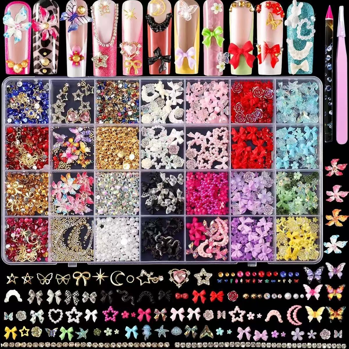 28 Grids Nail Charms and Nail Gems, Cute Nail Rhinestones and Charms Y2K for Nails Nesign, Variety Butterfly Bow Moon Star Flower Junk Case Charms Gold Pearls Nail Jewels for Nail Art Decorations-image-27