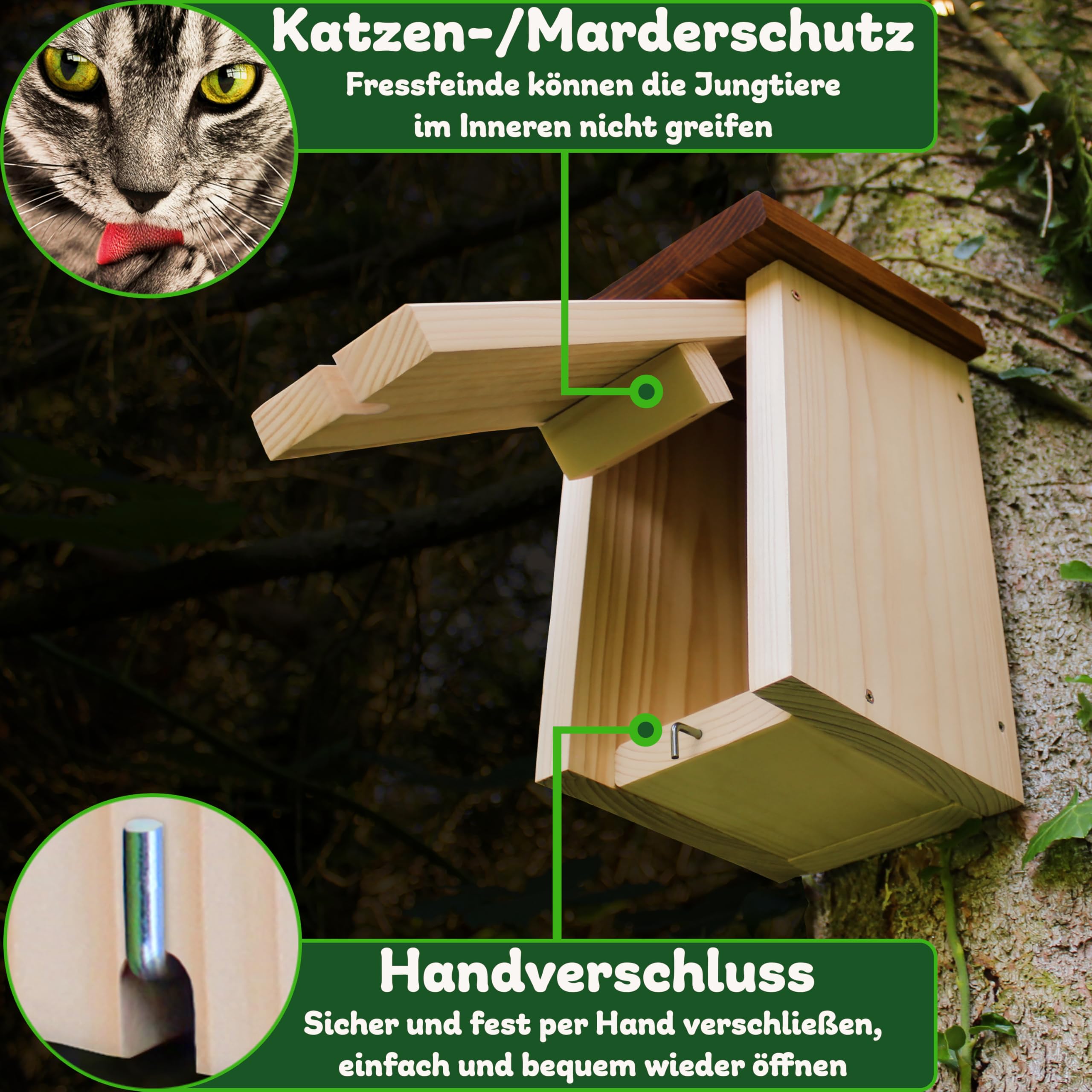 ERDENFREUND® Meisen Nistkasten 32mm Katzen-/Marderschutz innen Nistkasten für Vögel mit pickfestem Spechtschutz aus rostfreiem Metall