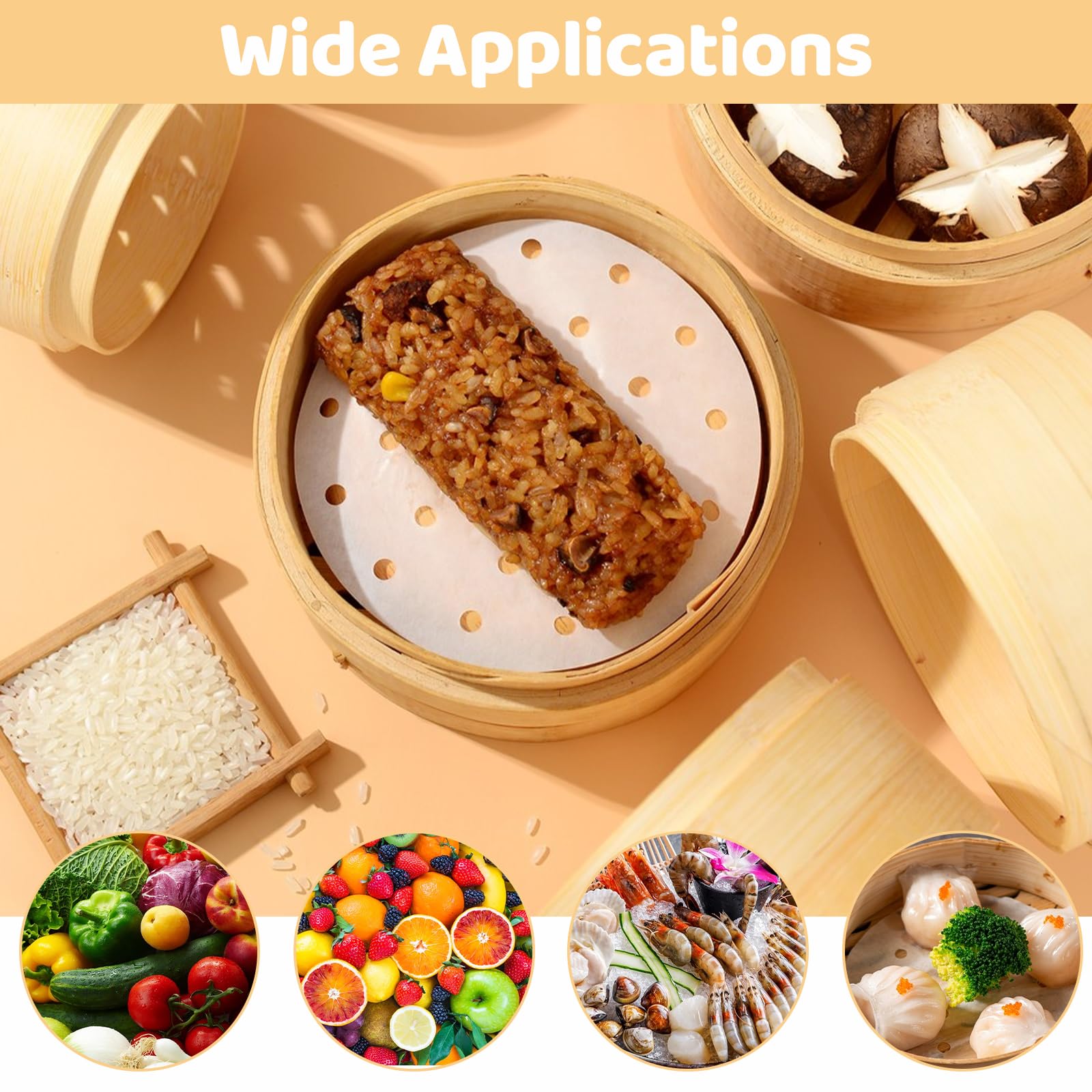 QTLCOHD Bambus-Dampfgarer, 20,3 cm, 3 Etagen, Dumpling Dampfkorb zum Kochen von kleinen Lebensmitteln, Dampfgarer für Dim Sum, Bao, Brötchen, Reis, Gemüse