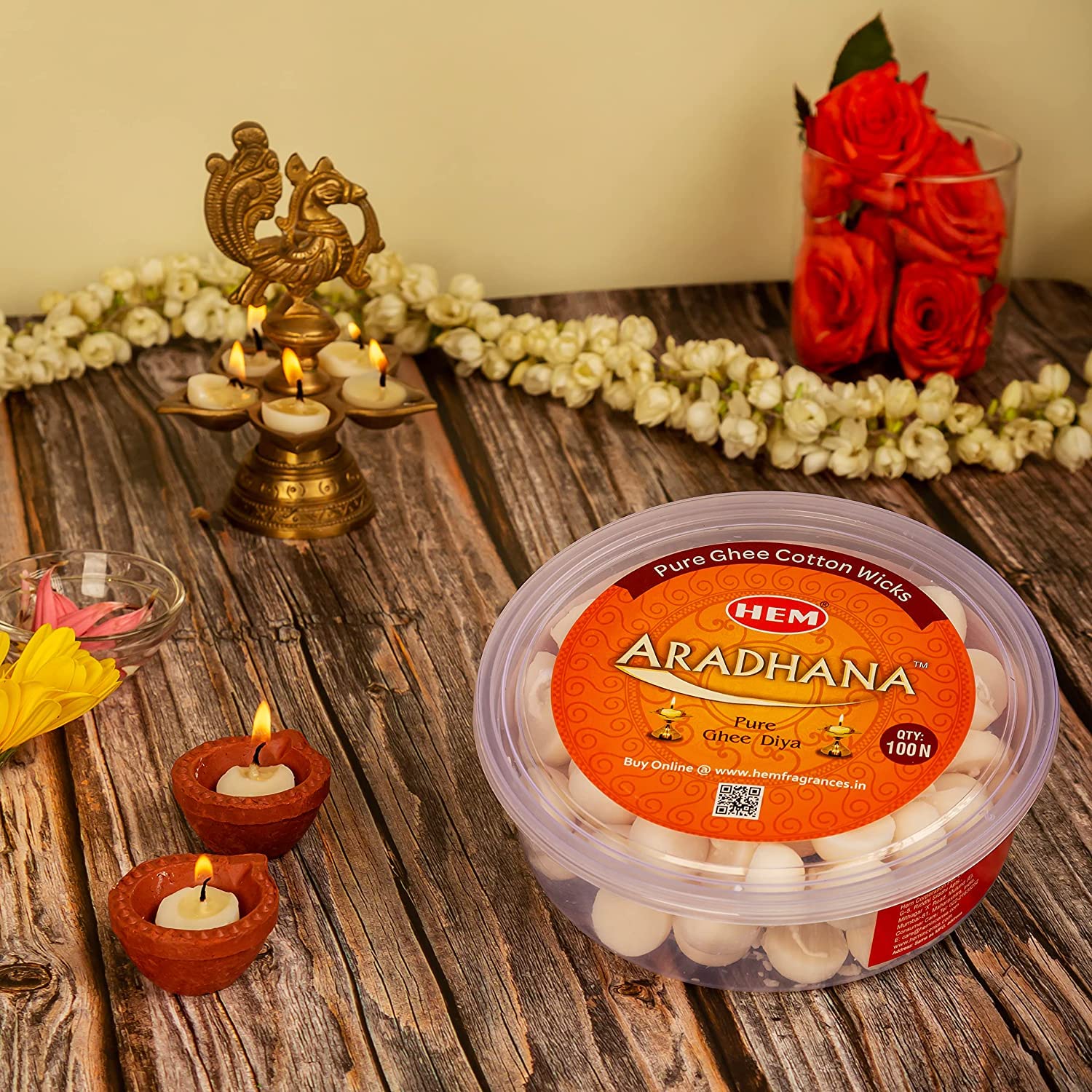 Hem Aradhna Pure Ghee Diya with Batti Pack of 100 Diyas | Pooja Room Items for Home | Wax Free | Ghee Wicks for Prayers, Rituals & Special Occasions | 30 mins Burning Time| Set of 2
