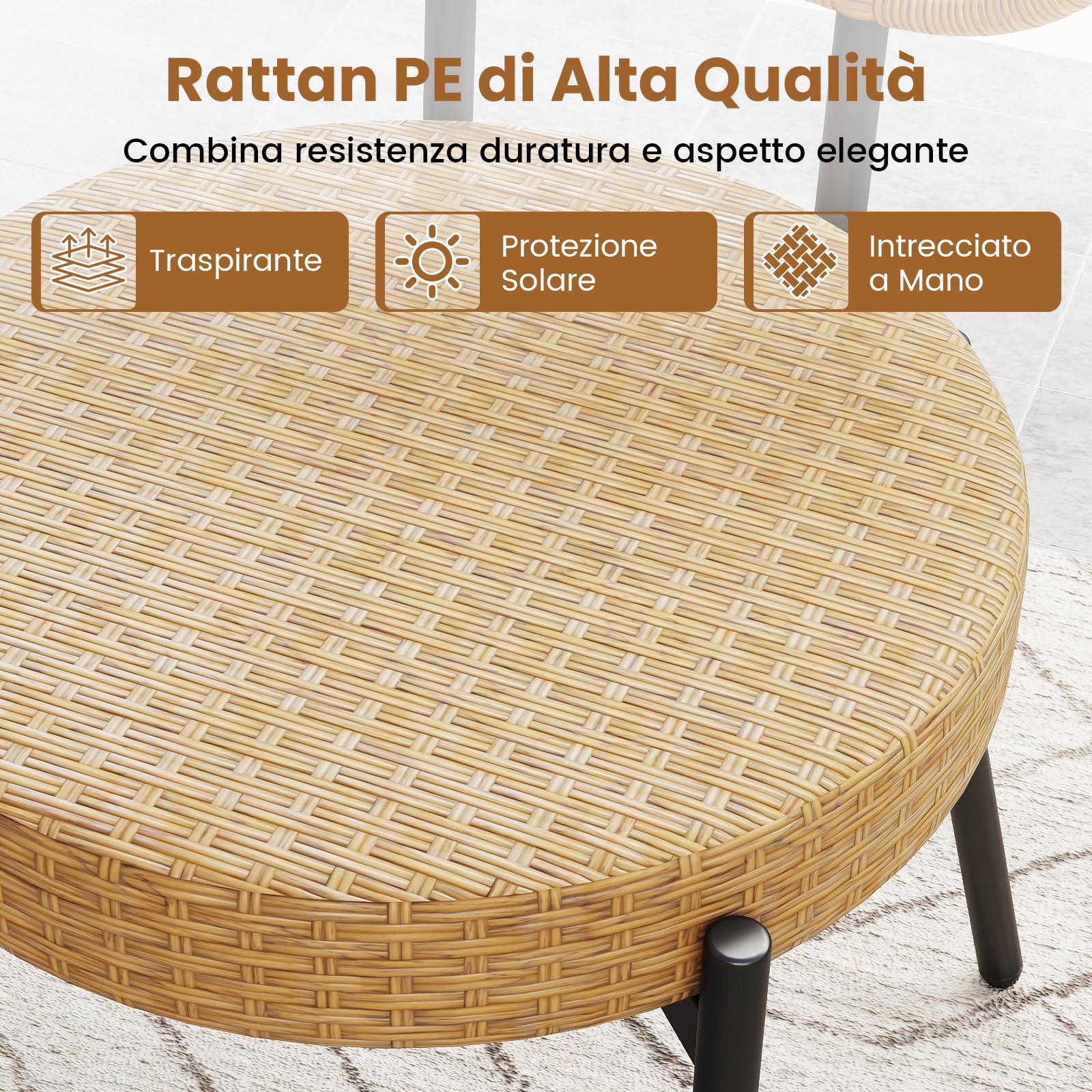 COSTWAY Set da Bistro da Esterno in 3 Pezzi con Vimini PE, Set Conversazione da Patio con Tavolino da Caffè in Vetro Temperato e Sedie in Rattan, Mobili per Esterni per Balcone, Terrazza e Giardino