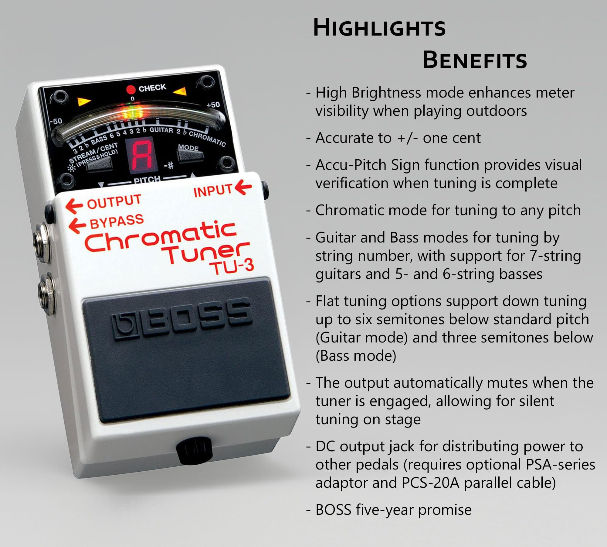 Boss TU-3 Chromatic Tuner Pedal - Bundle with 10ft
