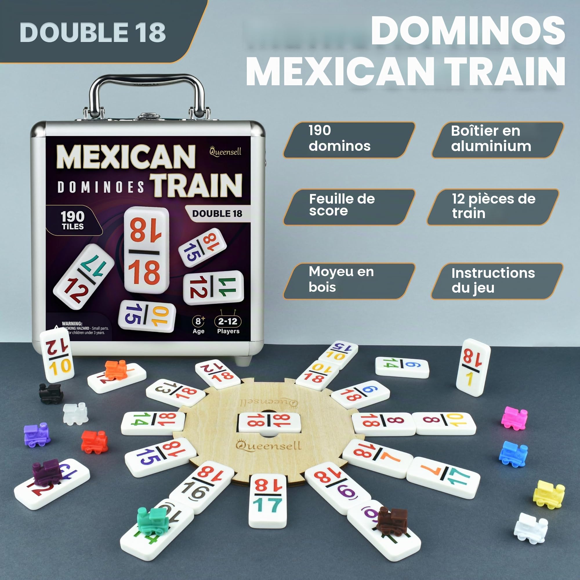 Queensell Jeu de Dominos Train Mexicain avec numéros - Jeu de Dominos Double 18 pour Adultes et Enfants - Jeu de Dominos Train Mexicain pour Adultes avec moyeu en Bois et boîte en Aluminium