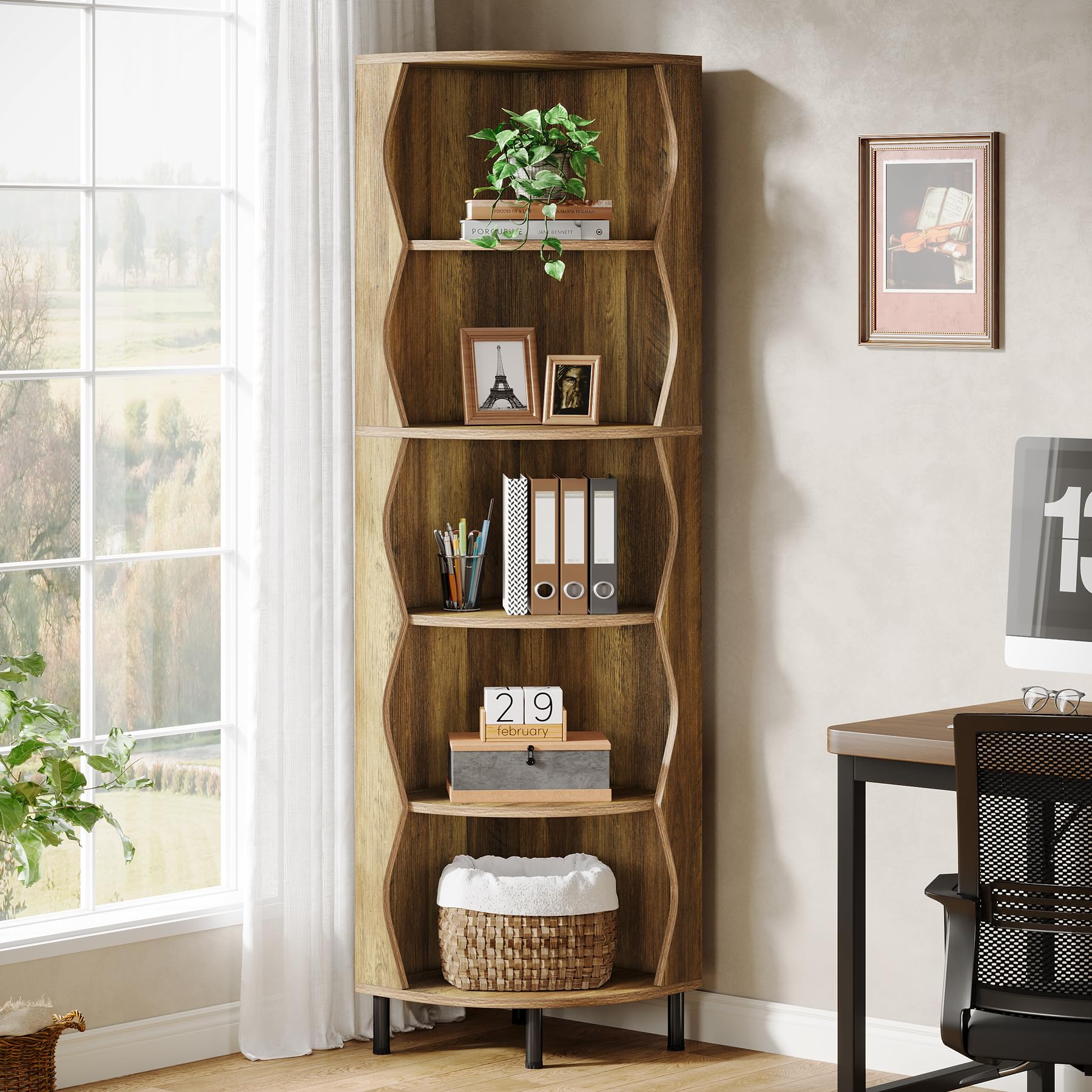 Tribesigns Eckregal 5 Ebenen 182 cm Hoch, Eckbücherregal Modern in Holz-Optik, Platzsparendes Standregal für Wohnzimmer & Schlafzimmer, Stabiles Ausstellungsregal Vintage Braun, 45 x 45 x 182 cm (1)