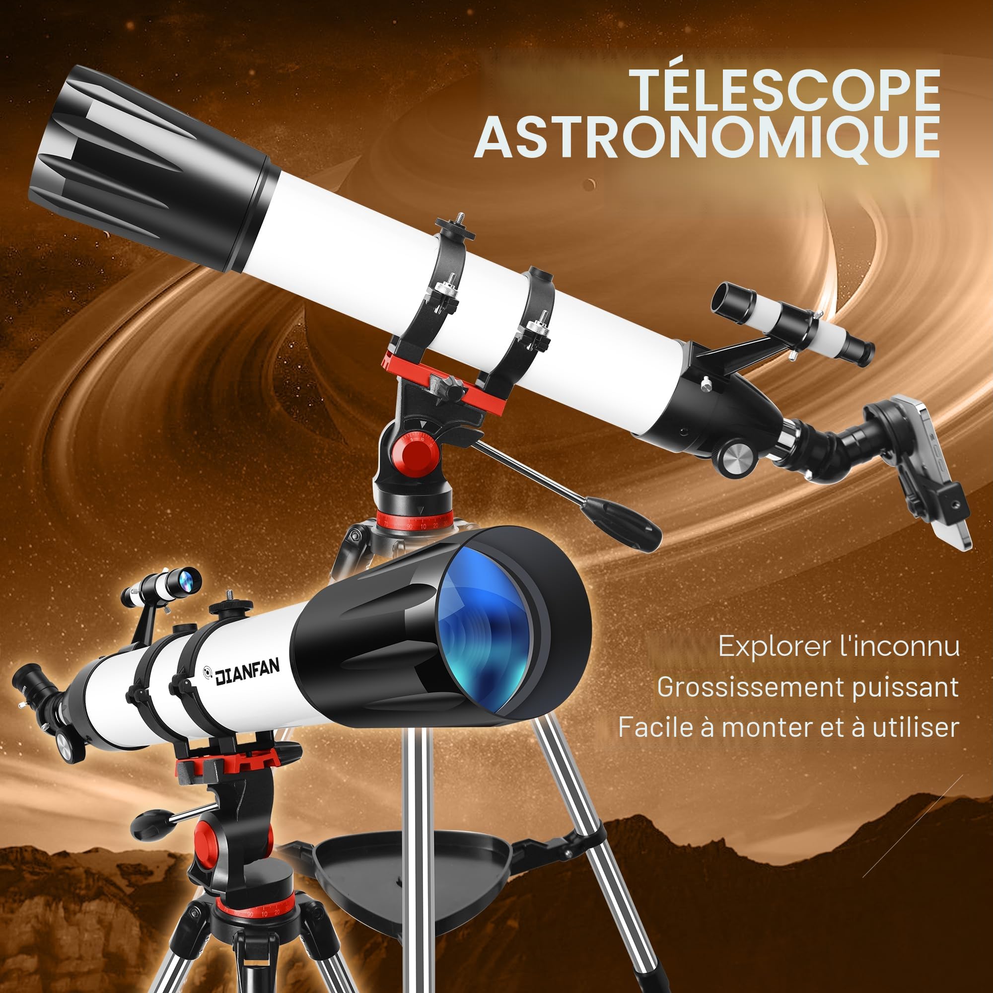 Dianfan Télescope,90 mm Ouverture 800 Telescope Astronomique Adulte,32X-240X Portable Réfracteur Télescopes pour Enfants et Débutants avec Adaptateur, Monture AZ et Trépied en INOX,Sac de Transport