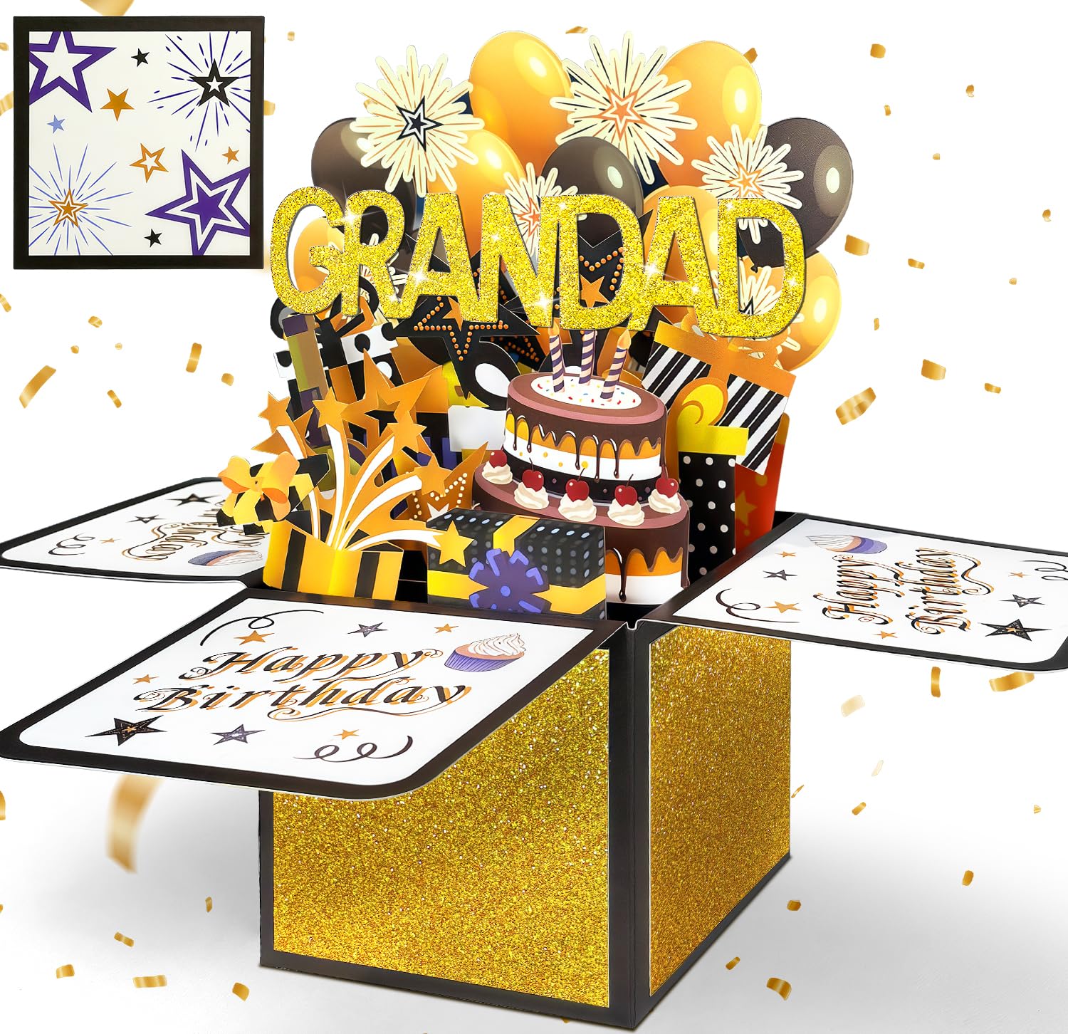 Happivue Grandad Birthday Card, 3D Black Gold Pop Up Happy Birthday Card for Granddad, Personalised Gifts for Grandad from Grandson Granddaughter, Popup Gifts Box Greeting Card for Grandfather Grandpa