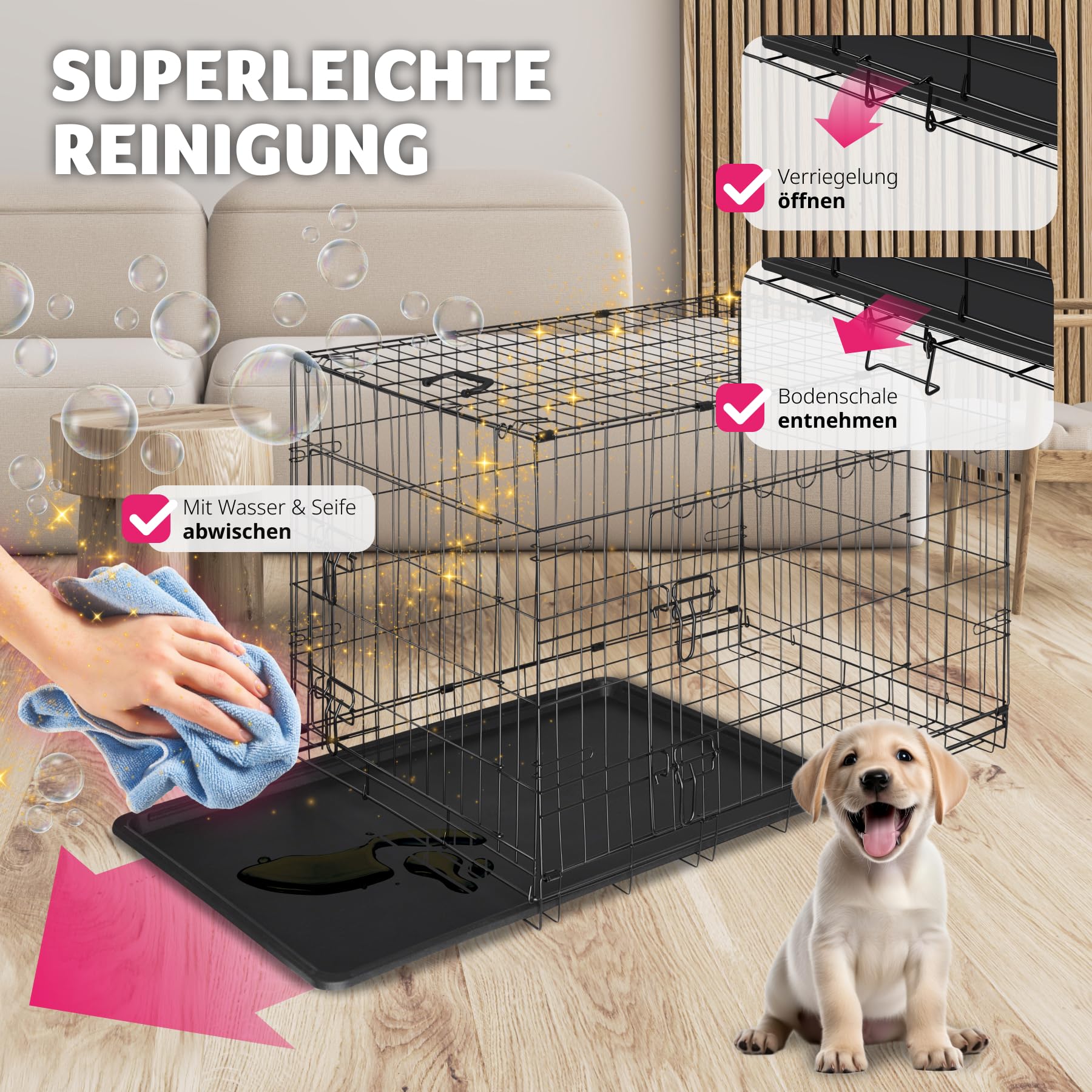 tectake® Hundekäfig, Hundegitter Box, Dog Kennel, Hundebox faltbar, Transportbox stabil, für Hunde und Welpen, für Kofferraum, Auto, Camping und Zuhause, Wohnung - 121,5 x 75,5 x 80,5 cm