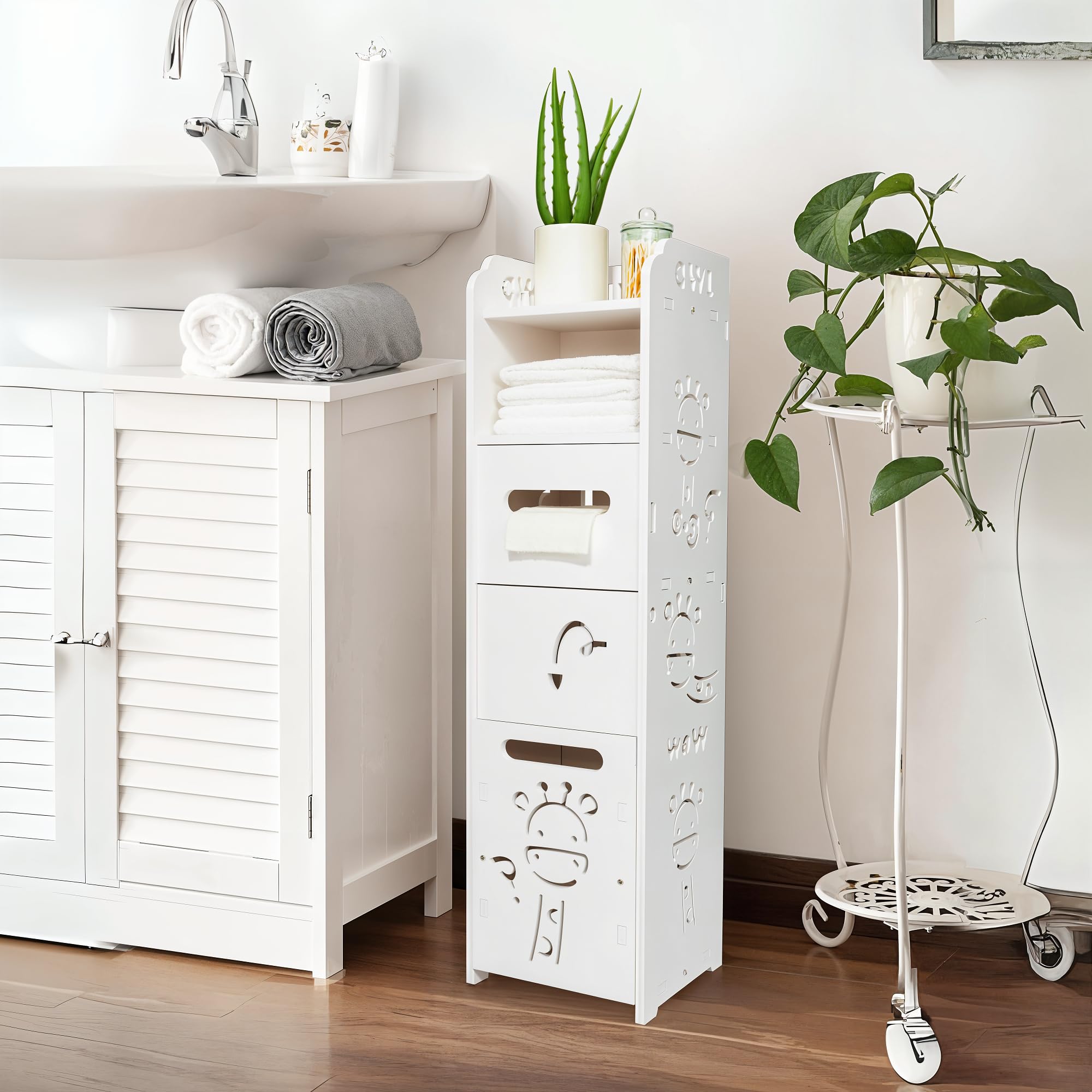 DECOMIL - Small White Bathroom Storage Cabinet | Modern Bathroom Cabinet with 3 Shelves & 2 Compartments, Toiletry & Towel Storage