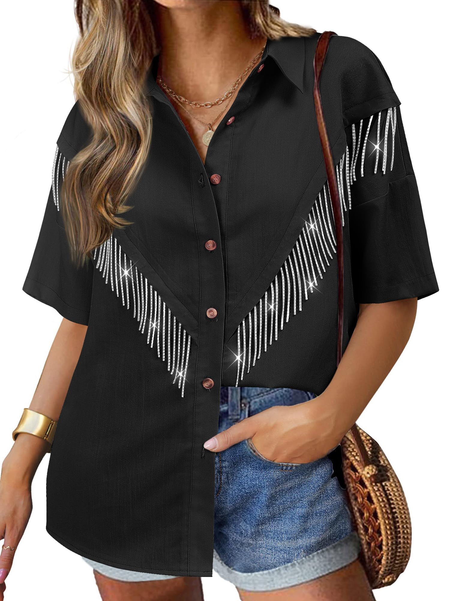 NlifeWomens Nashville Sparkly Rhinestone Fringe Buttons Shacket Concert Outfits Short Sleeves Spakle Tassel Shirts