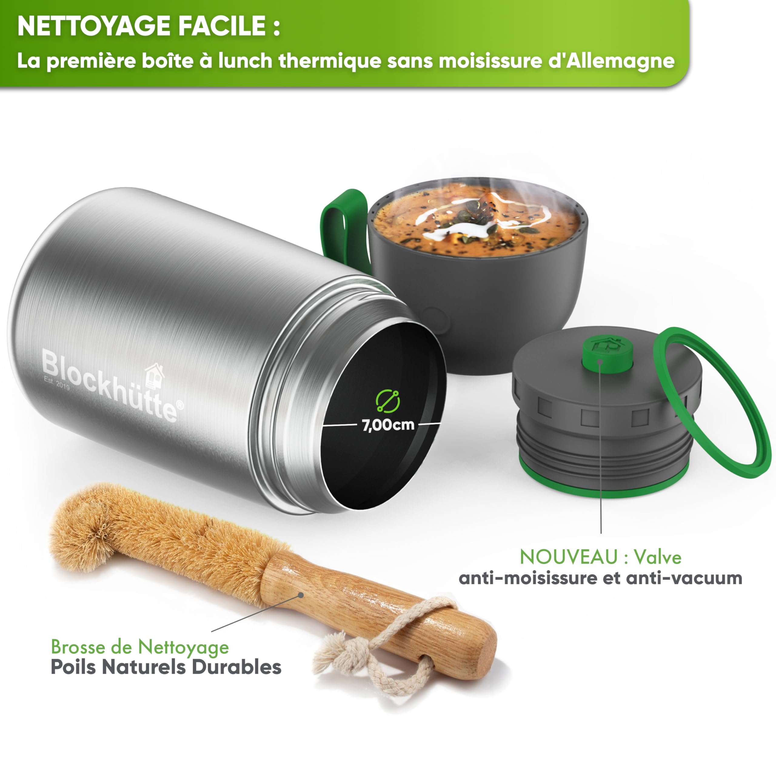 Blockhütte Thermos isotherme 730ml En inox Avec Cuillère et Fourchette - Thermos Alimentaire Chaud idéal Pour Le Travail - Boite Alimentaire isotherme Avec Sac de Transport - Lave-Vaisselle