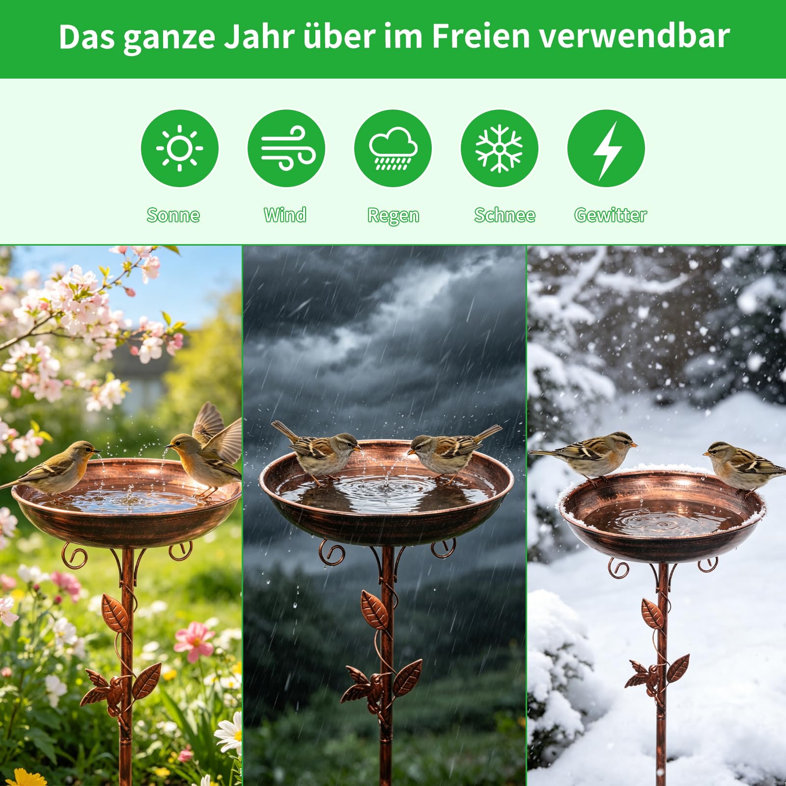 Vogeltränke Stehend, 100cm/39.5inch Vogelbad Garten, 3-in-1 vogeltränke metall mit Vogelrelief, für Draußen Garten Hof Rasen