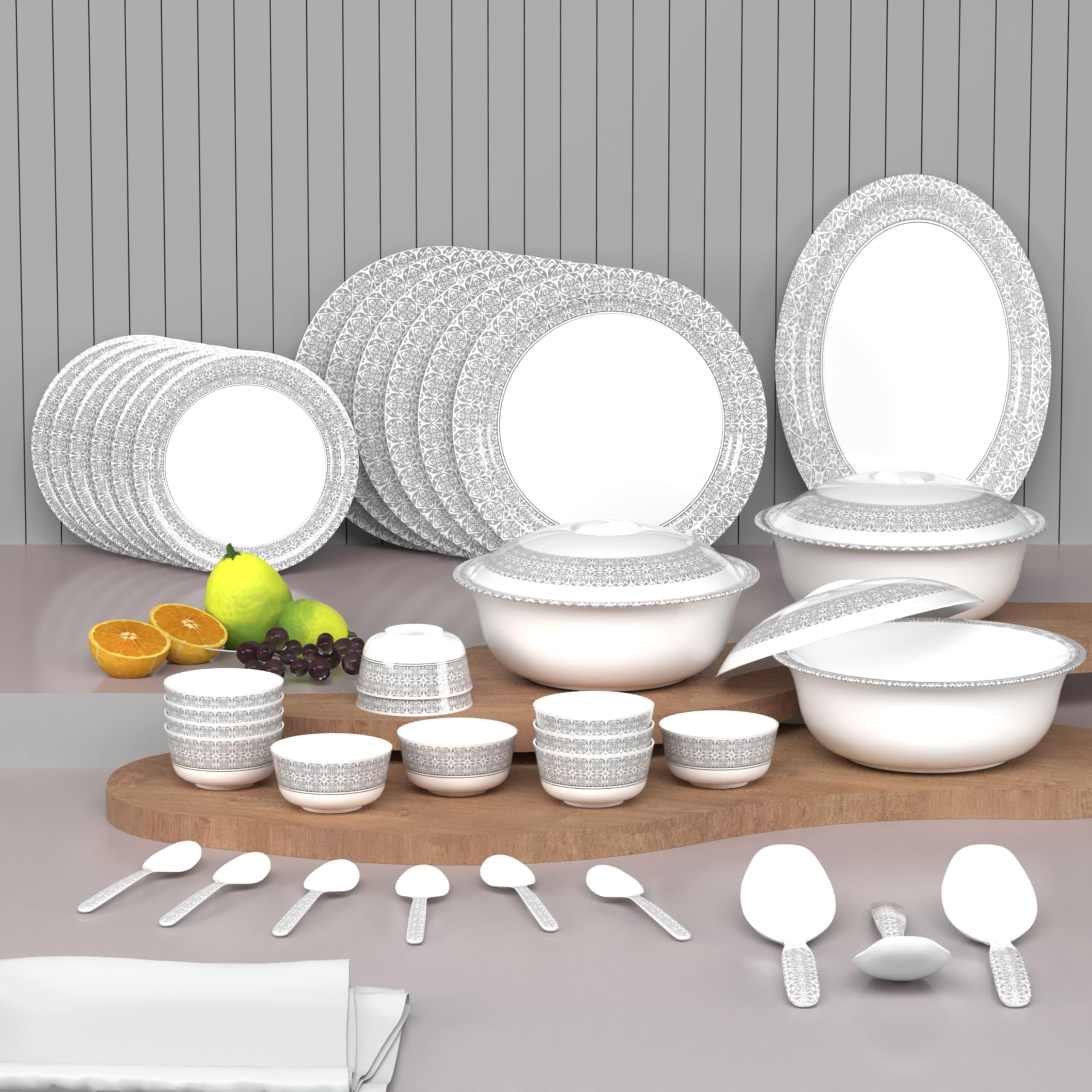 Castleite Piccolo Melamine Dinner Set - Elegant, Break & Stain Resistant, Designer Crockery Dinnerware in Exclusive Edgy Square Shape for Your own Home Kitchen (Ivory Bloom, Dinner Set 40 Pcs)