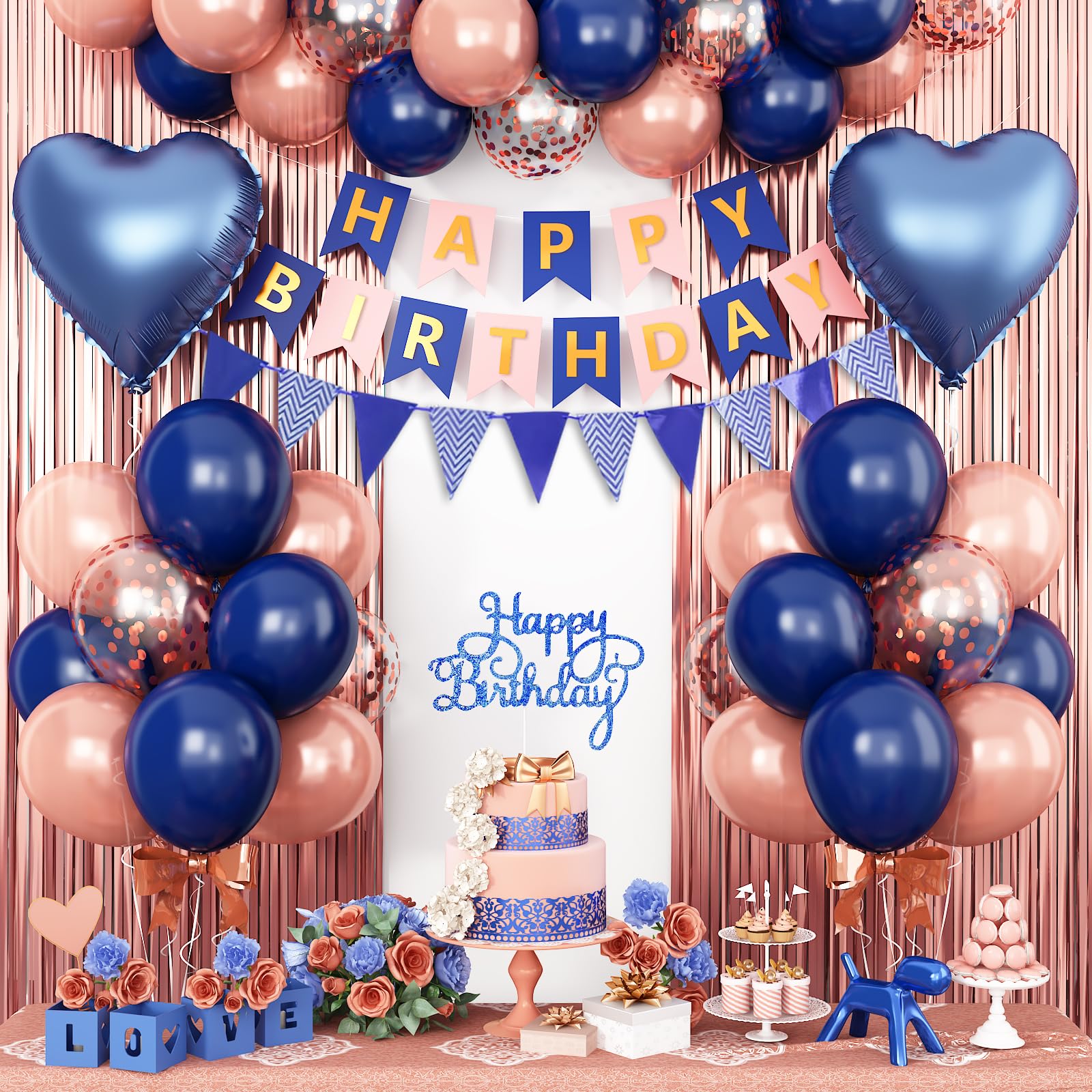 Navy Blue Rose Gold Birthday Decorations,Happy Birthday Banner Fringe Curtain Heart Foil Balloons for Women Girl Boys Men