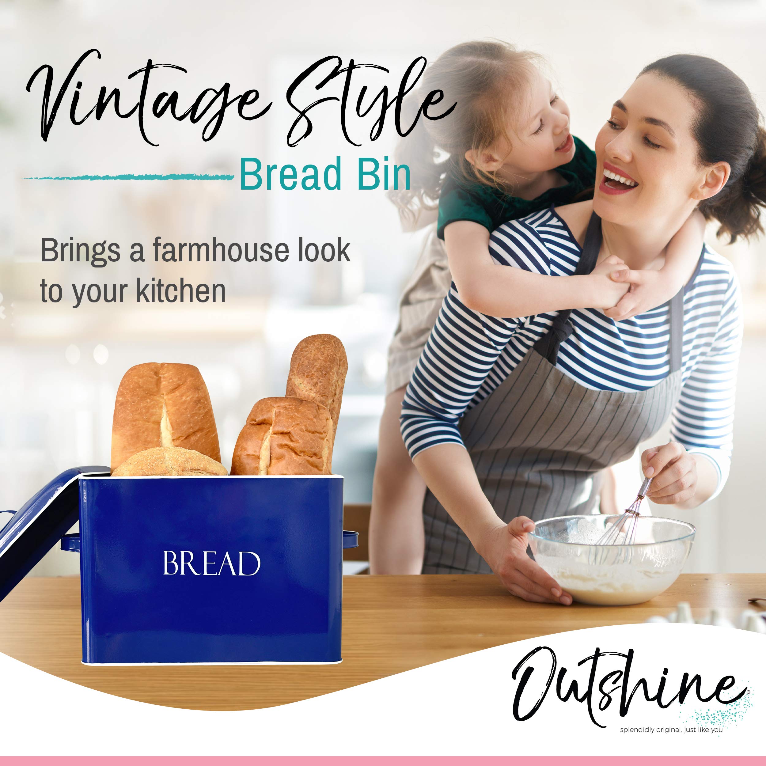 Outshine Extra Large Bread Box, Blue Countertop SpaceSaving Vintage