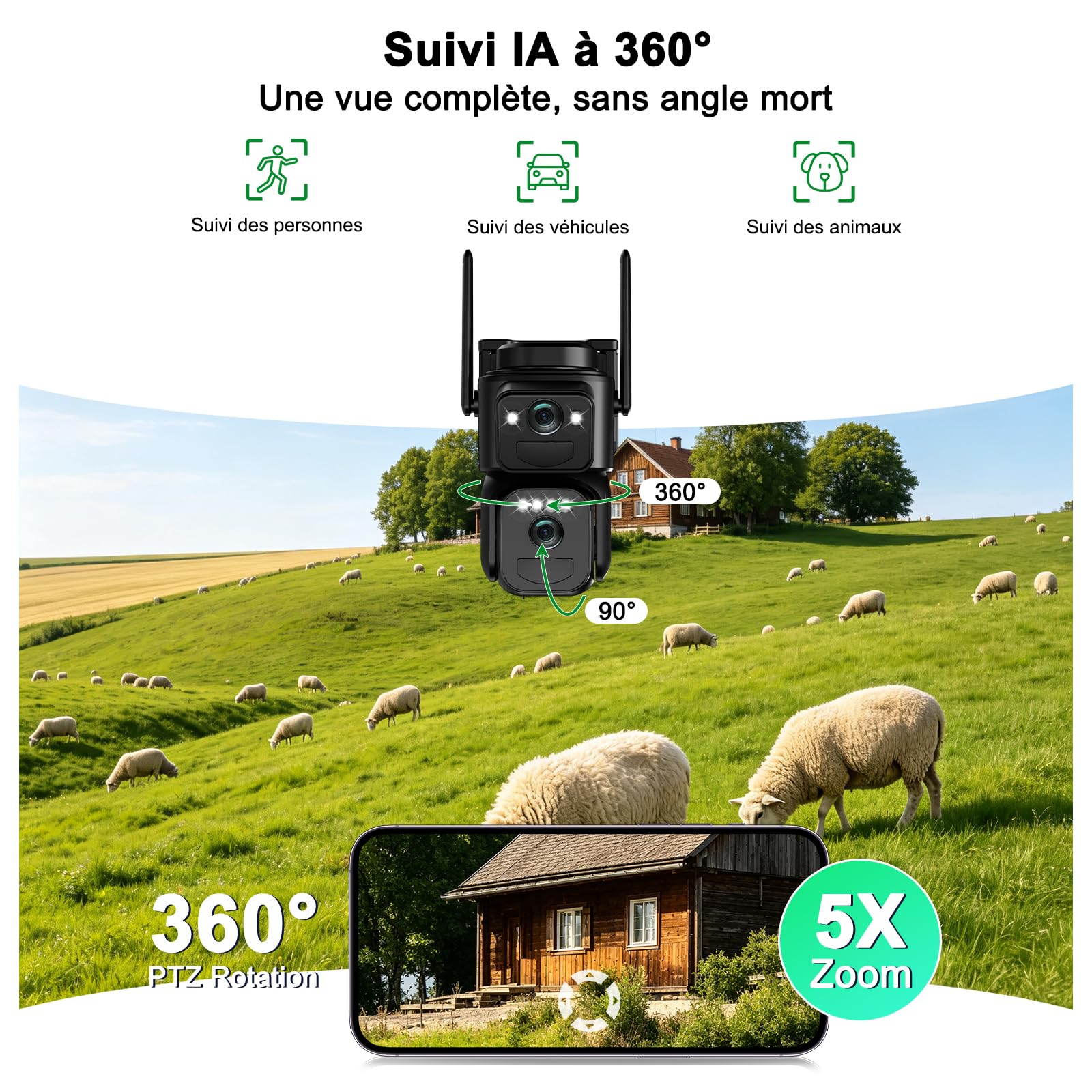 4K Telecamera da Esterno Senza Fili con SIM 4G LTE,con Pannello Solare | Doppio Obiettivo,AOV 24/7,Audio Bidirezionale,Videocamera Sorveglianza,Visione Notturna a Colori,Rilevamento Umano PIR,IP66