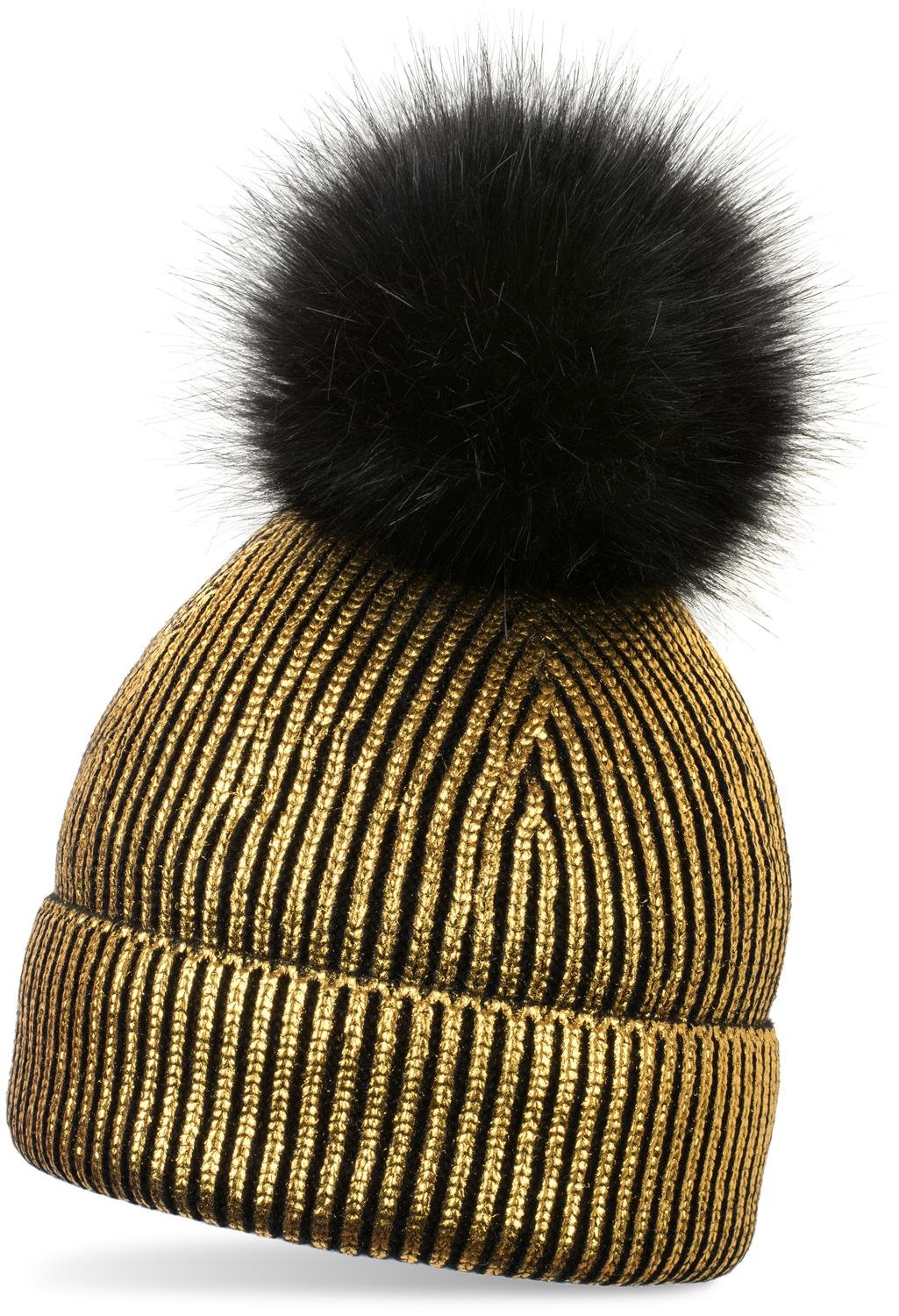 Stylebreaker Women's Black / Gold Warm Metallic Knit Bobble Hat With Detachable Faux Fur Pom-Pom, Winter Fur Pom-Pom Beanie, 04024138, Colour:black/Gold