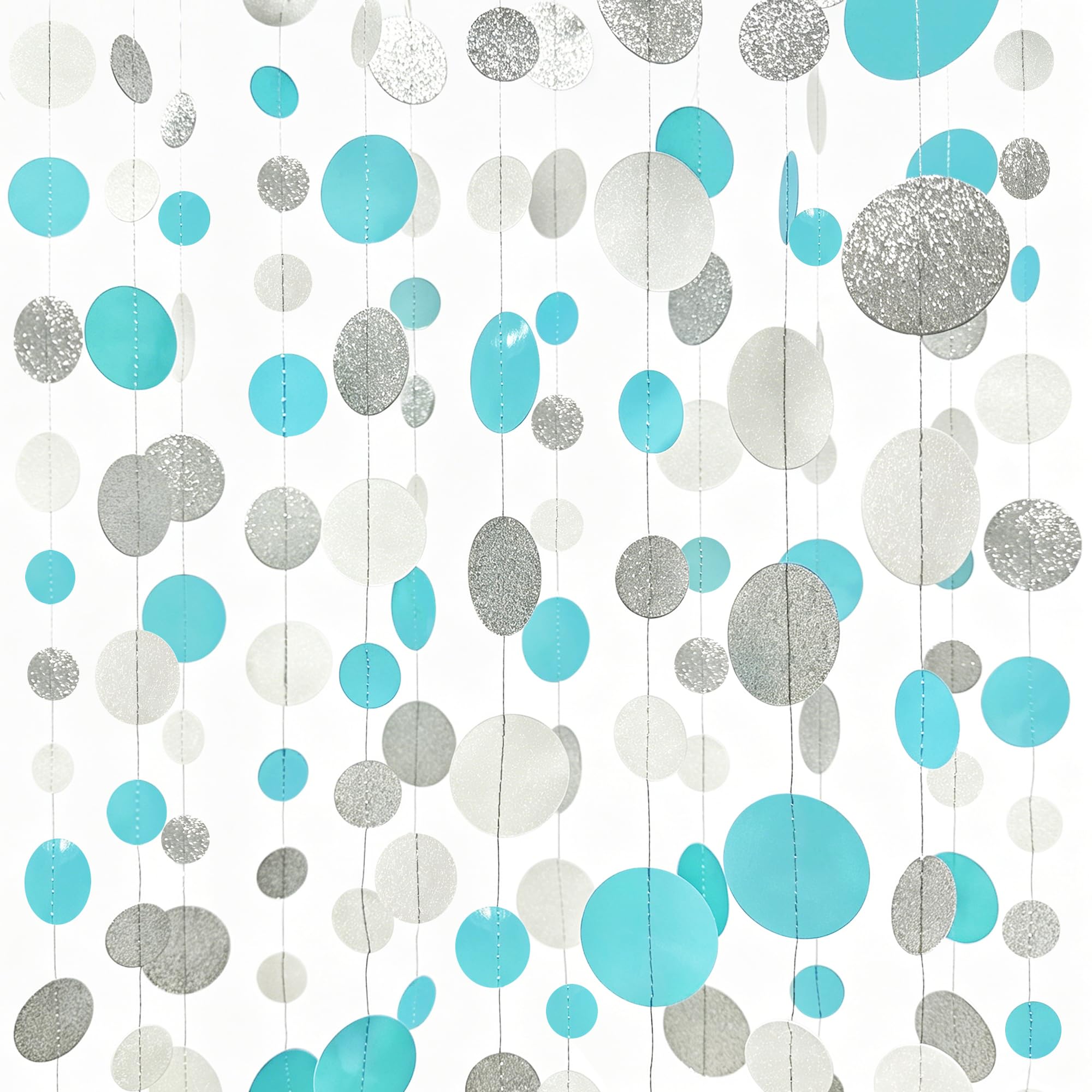 Teal Blue Silver White Party Polka Dot Garland Banner Aqua Turquoise Glitter Silver White Hanging Paper Circle Dots Streamer for Birthday Wedding Bridal Shower Party Decorations Supplies