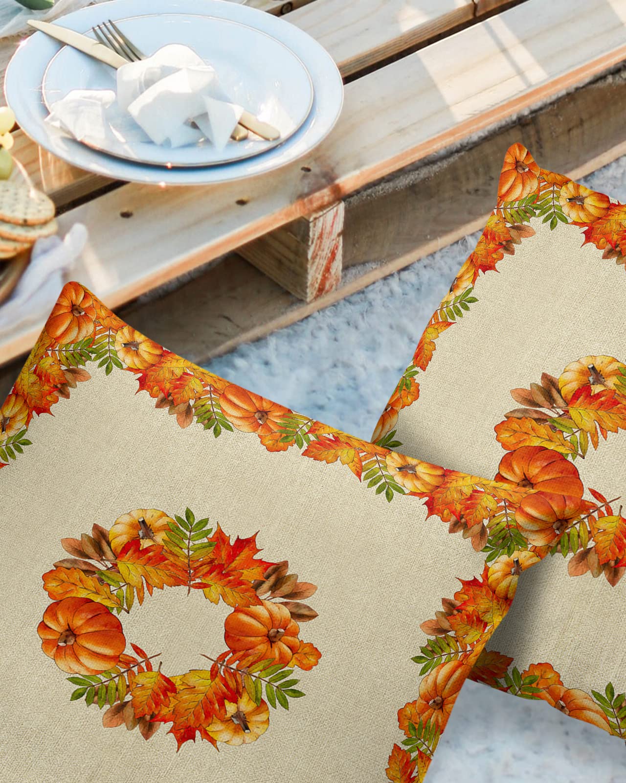 Thanksgiving Outdoor Pillow Shams Set of 2, Decorative Pillowcases Cushion Case, Soft Throw Pillow Covers Waterproof Pillow Case 26x26 Inch, Fall Farm Pumpkin Maple Leaves