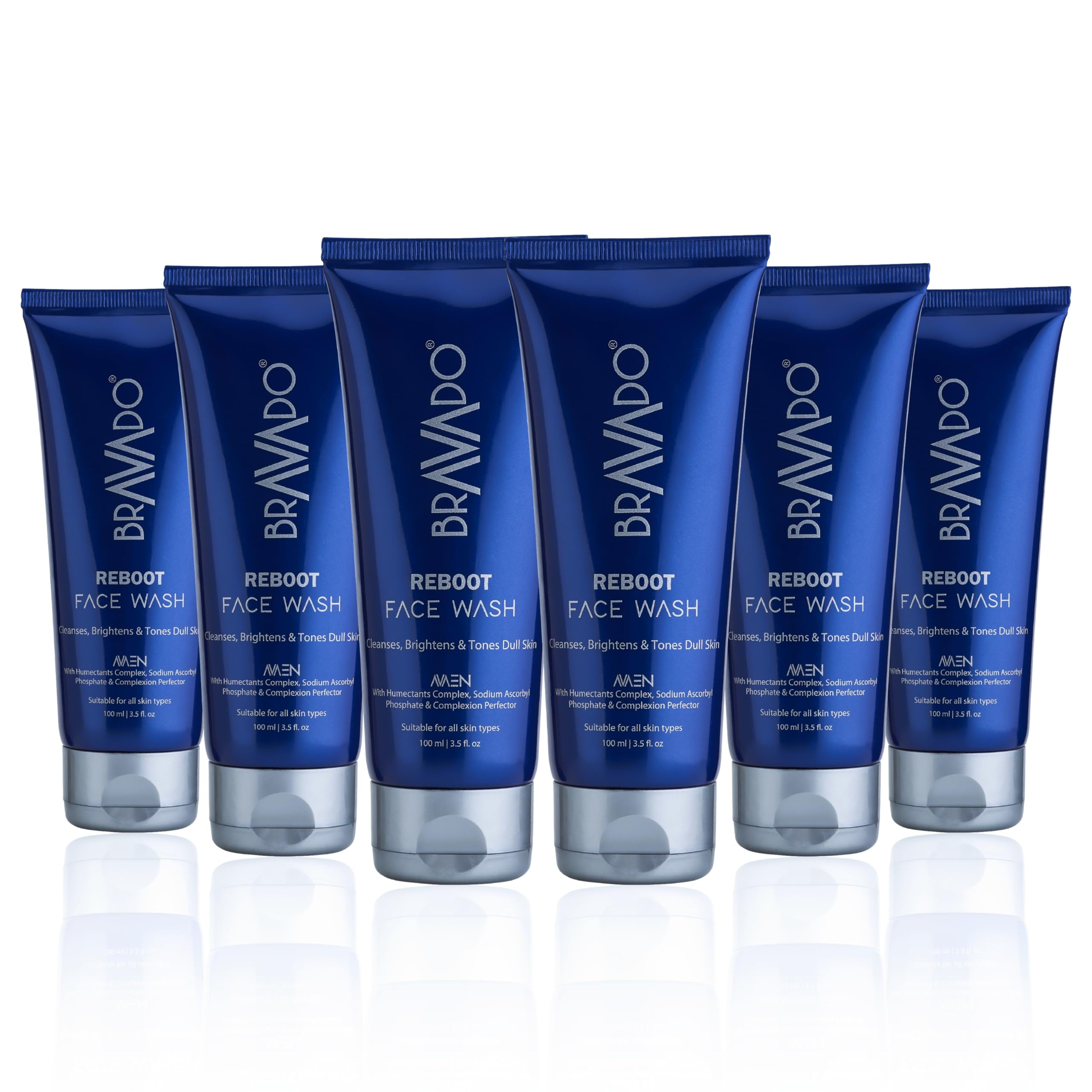 BRAVADO Reboot Face Wash (Pack of 6) Value Bundle | Moisturizing Cream Face Cleanser for Dry Skin & Brightening | Hydrating Daily Face Wash | 100ml Each
