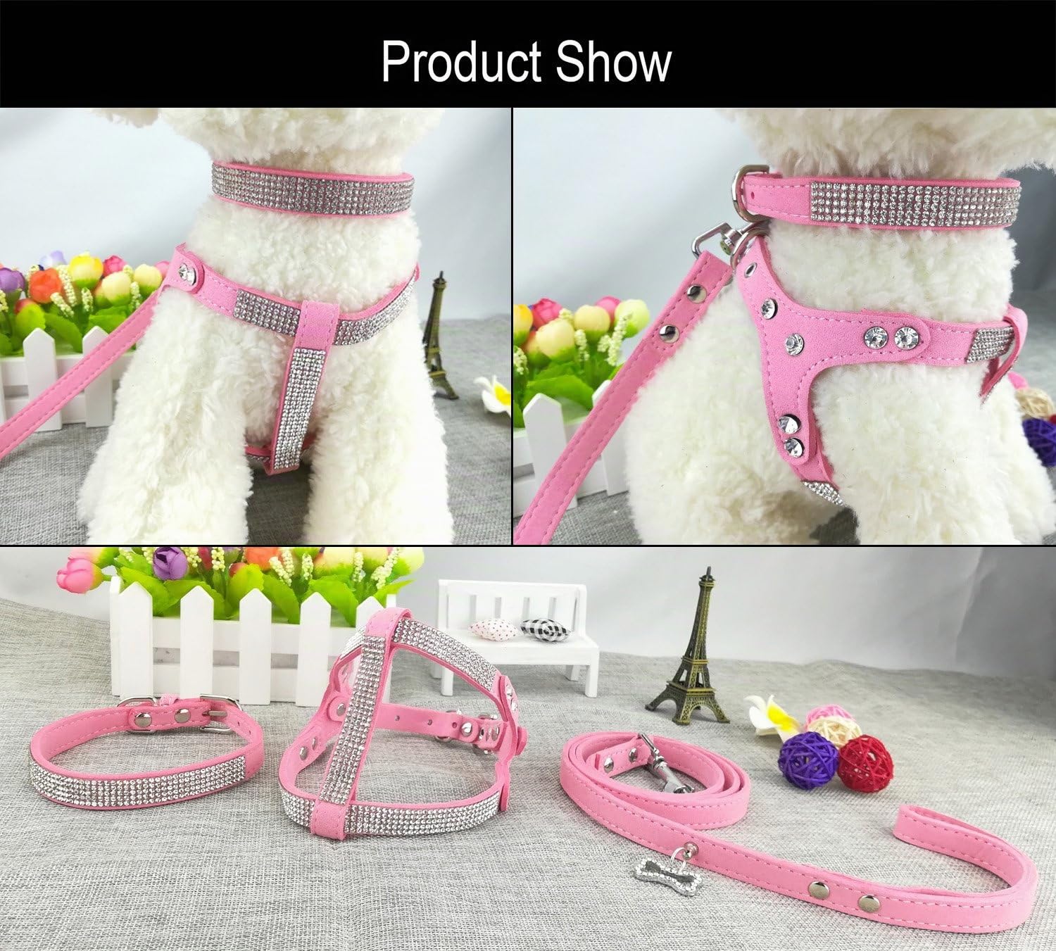 Collare per cane e pettorina e set di guinzaglio, collare per cani di moda, con imbracatura e guinzagli, imbracatura e stoccaggio comodo in microfibra per cani
