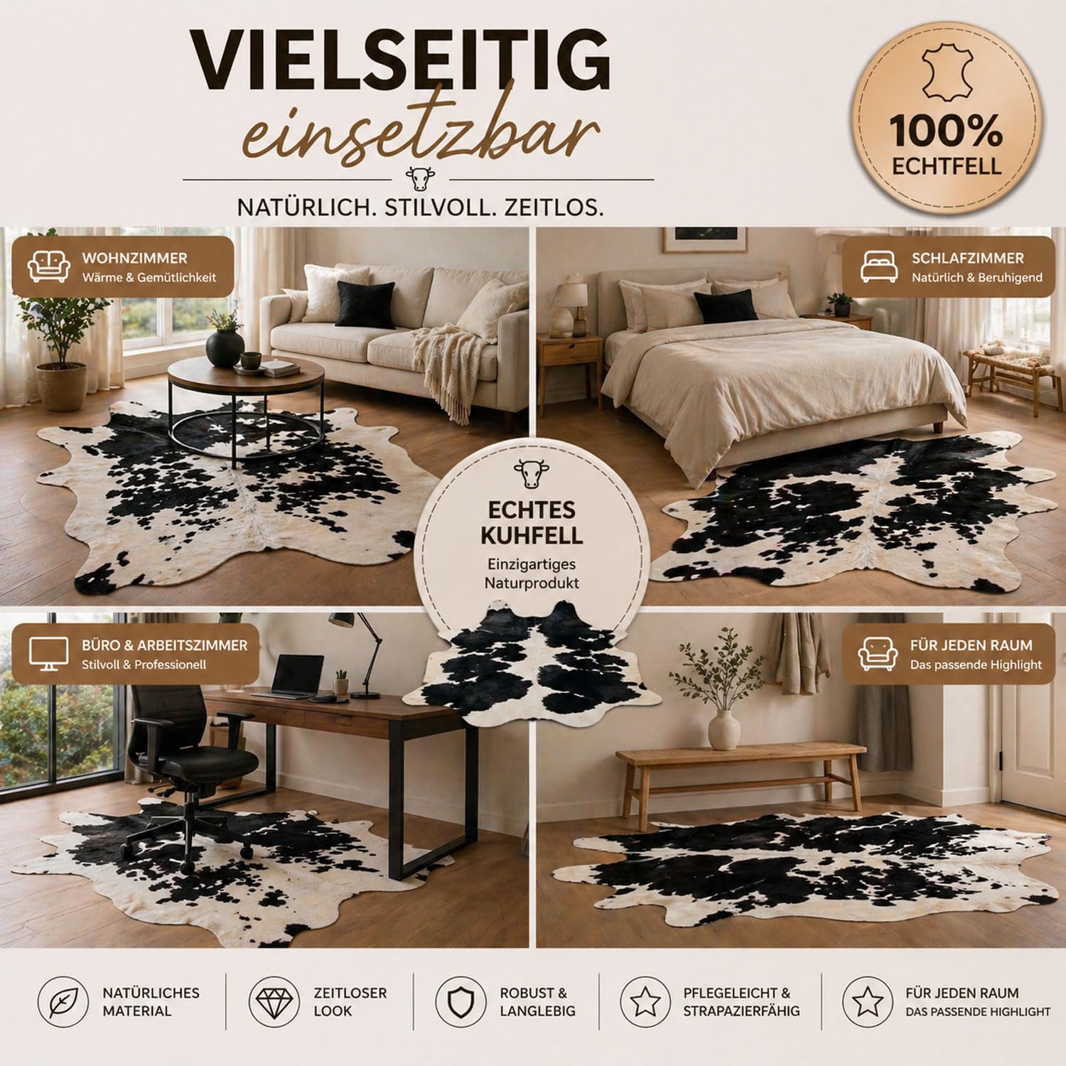 Tapis en Peau de Vache de qualité supérieure - Noir et Blanc - Produit Naturel Unique en provenance d'Amérique du Sud - Peau de Vache véritable