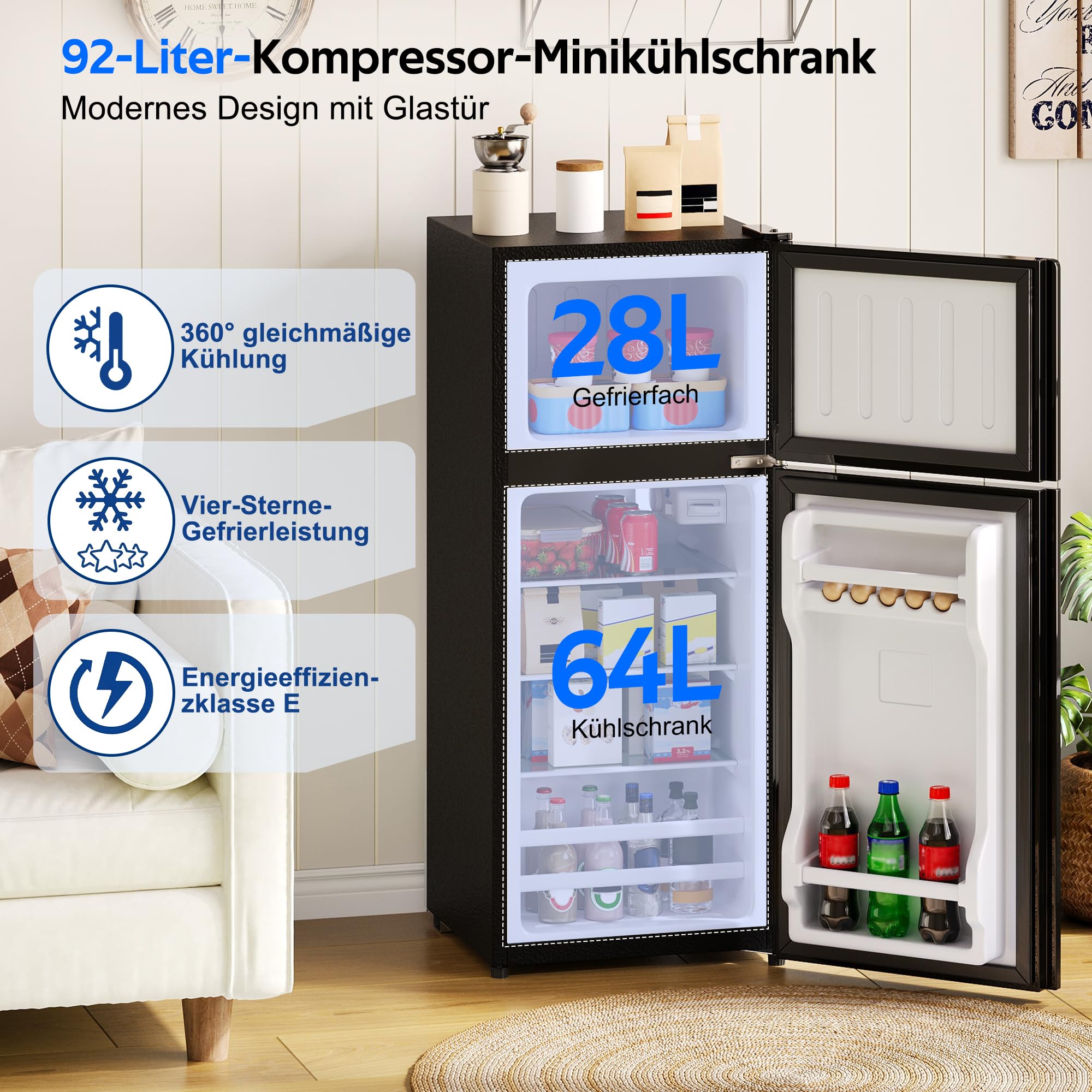 Merax 92L-Minikühlschrank mit Gefrierfach(28L) in Schwarz freistehend Kühl-Gefrier-Kombination, mit Glastür,LED-Beleuchtung,herausnehmbare Glasablagen,45 dB,138kWh, für Küche Büro Wohnzimmer