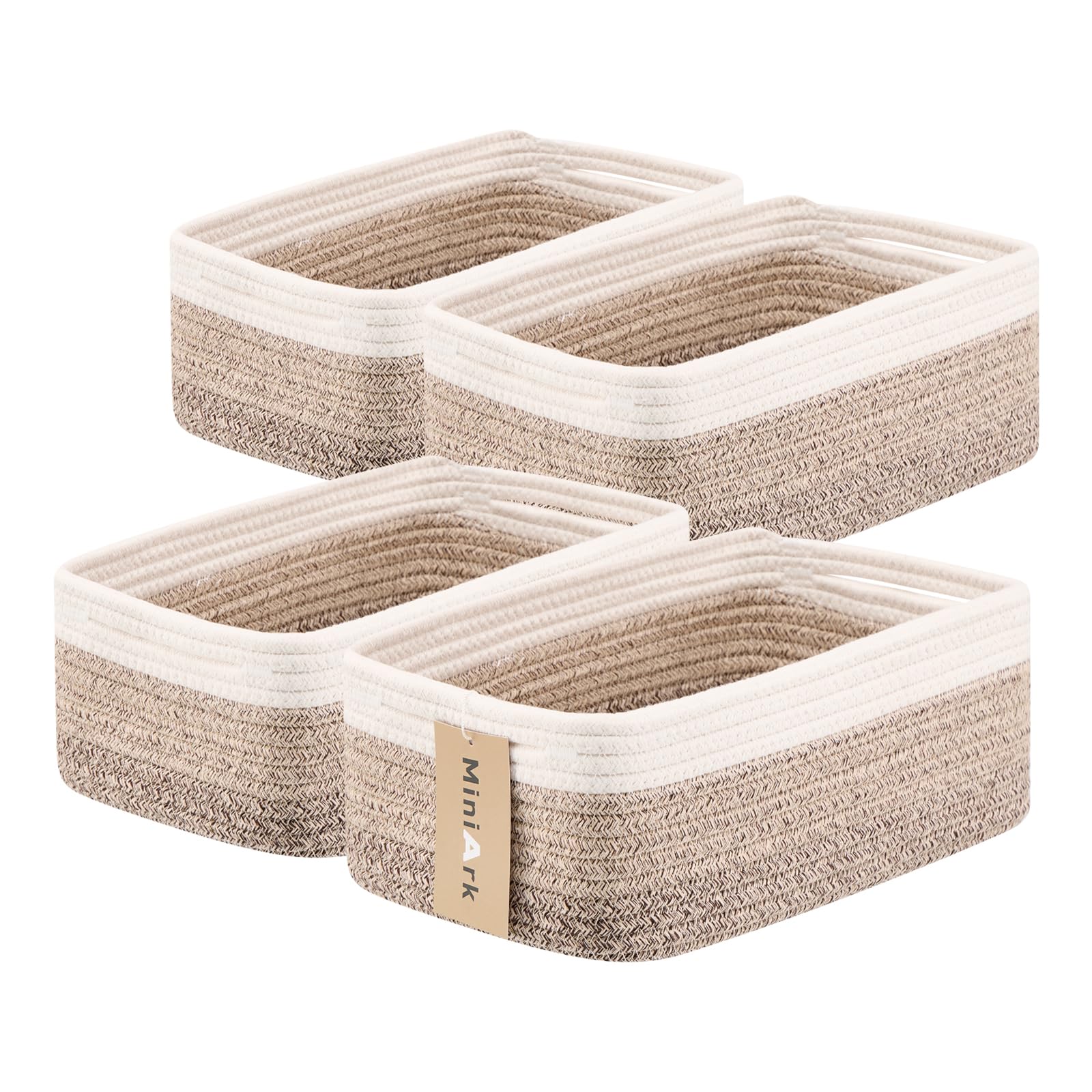 MiniArk Small Storage Baskets for Organizing | Closet Organizer Bins | Shelf Toy Basket | Woven Rope Baskets | Cube Decorative Box | Shallow Basket | 13x8.5x5.1” | 4 Packs Gradient Brown