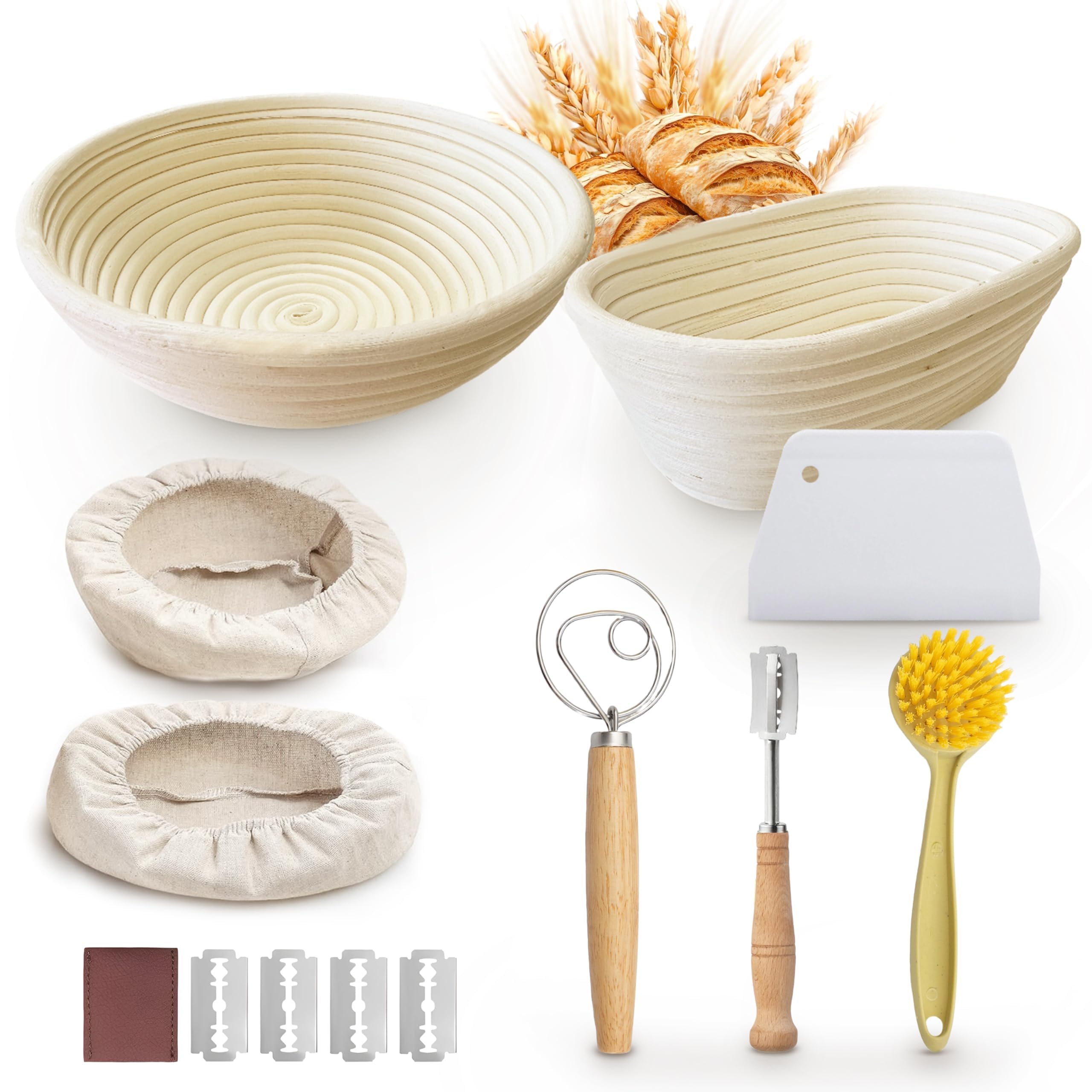 Homiely Brown Bread Proofing Basket, Natural Rattan Sourdough Kit, 14 Piece - 9" Round And 10" Oval Banneton Basket With Bread Lame, Danish Whisk, Bowl Scraper, Linen Covers For Professional Home Bakers