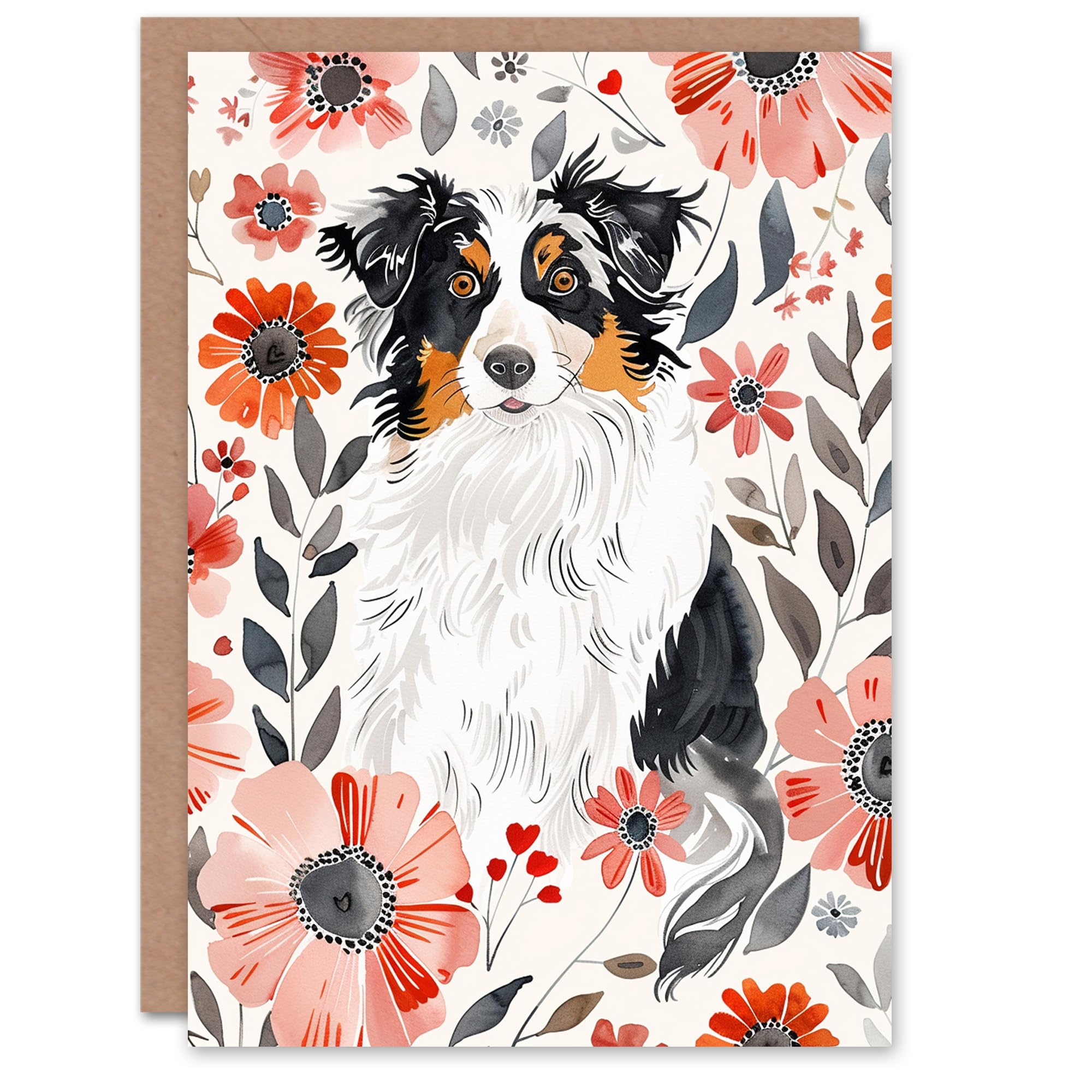 Artery8 Australian Shepherd Dog Lover Floral Rustic Blank For Him Or Her Art Birthday Card