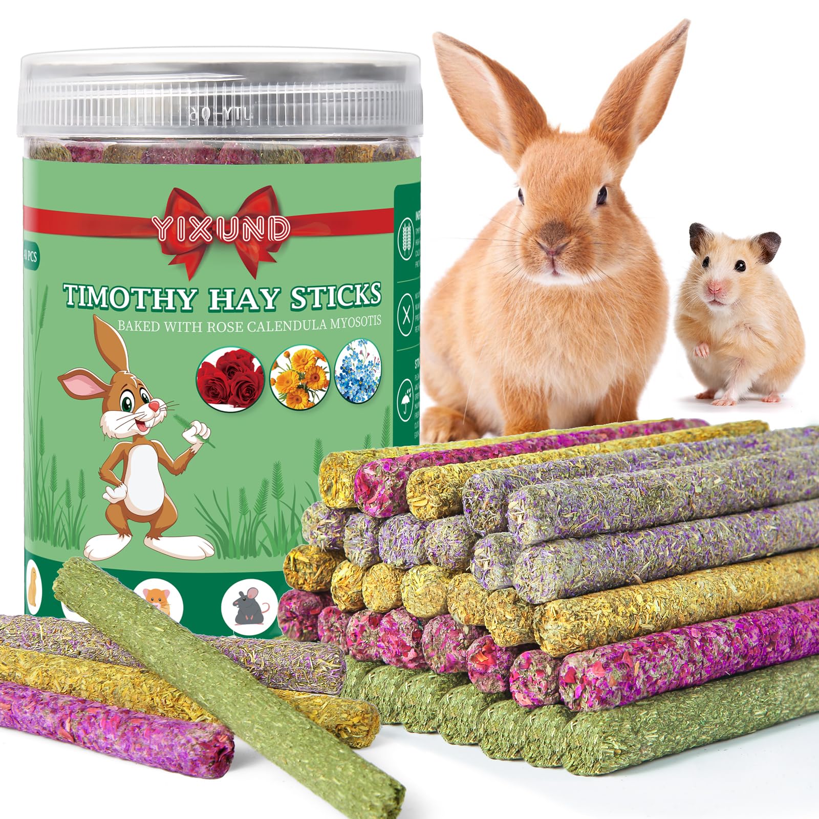 YIXUND 40-Pack Rabbit & Small Rodent Chew Sticks - Lavender, Timothy, Calendula, Rose - Dental Care & Boredom Relief