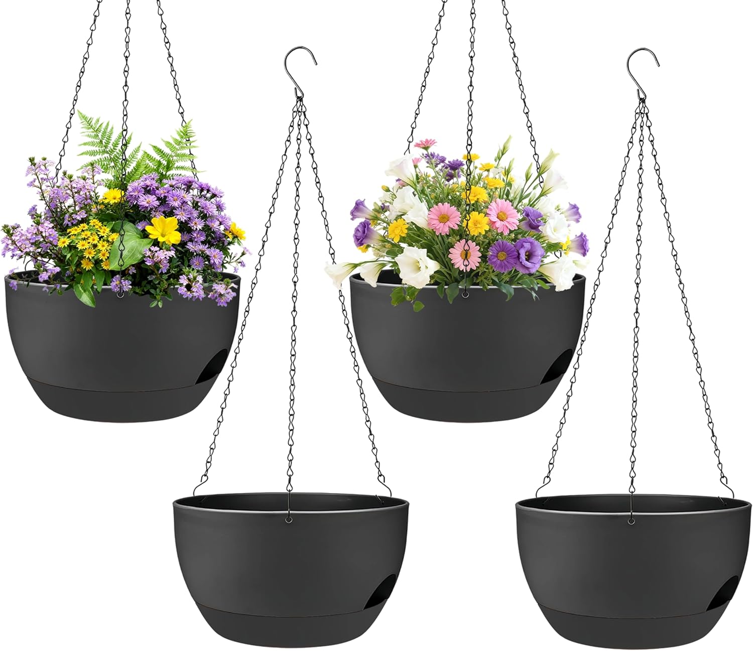 zople 4-Pack 8-Inch Self-Watering Hanging Planters Indoor Outdoor - Drainage Tray, Jute Rope for Ivy Pothos Ferns, Black