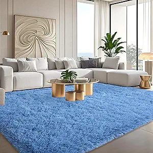 Large Blue Fluffy Rugs for Living Room 8x10 ft - Ultra Soft Faux Fur Area Rug - Plush Non-Slip Shaggy Carpet for Bedroom, Kids Boys Girls Dorm Nursery Room
