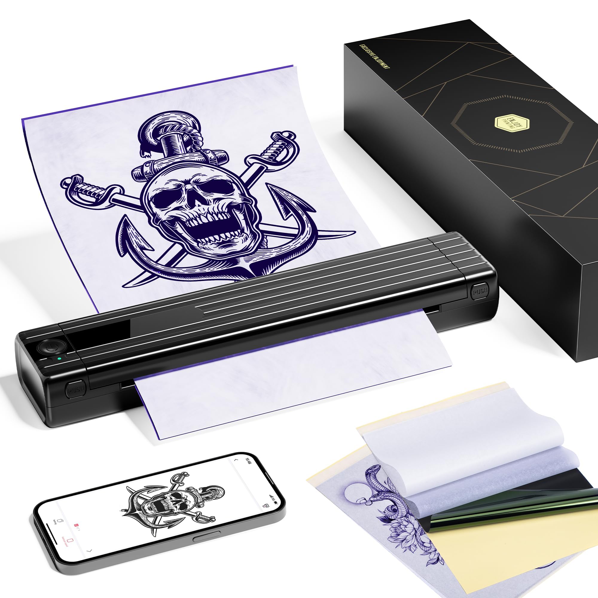 PokeLabel Impresora Termica Tattoo, Tmpresora Tattoo TP83 con Papel de Transferencia 10Pcs, Kit de Máquina de Impresora de Tatuaje Bluetooth Compatible con iOS ＆ Android Teléfono y PC.