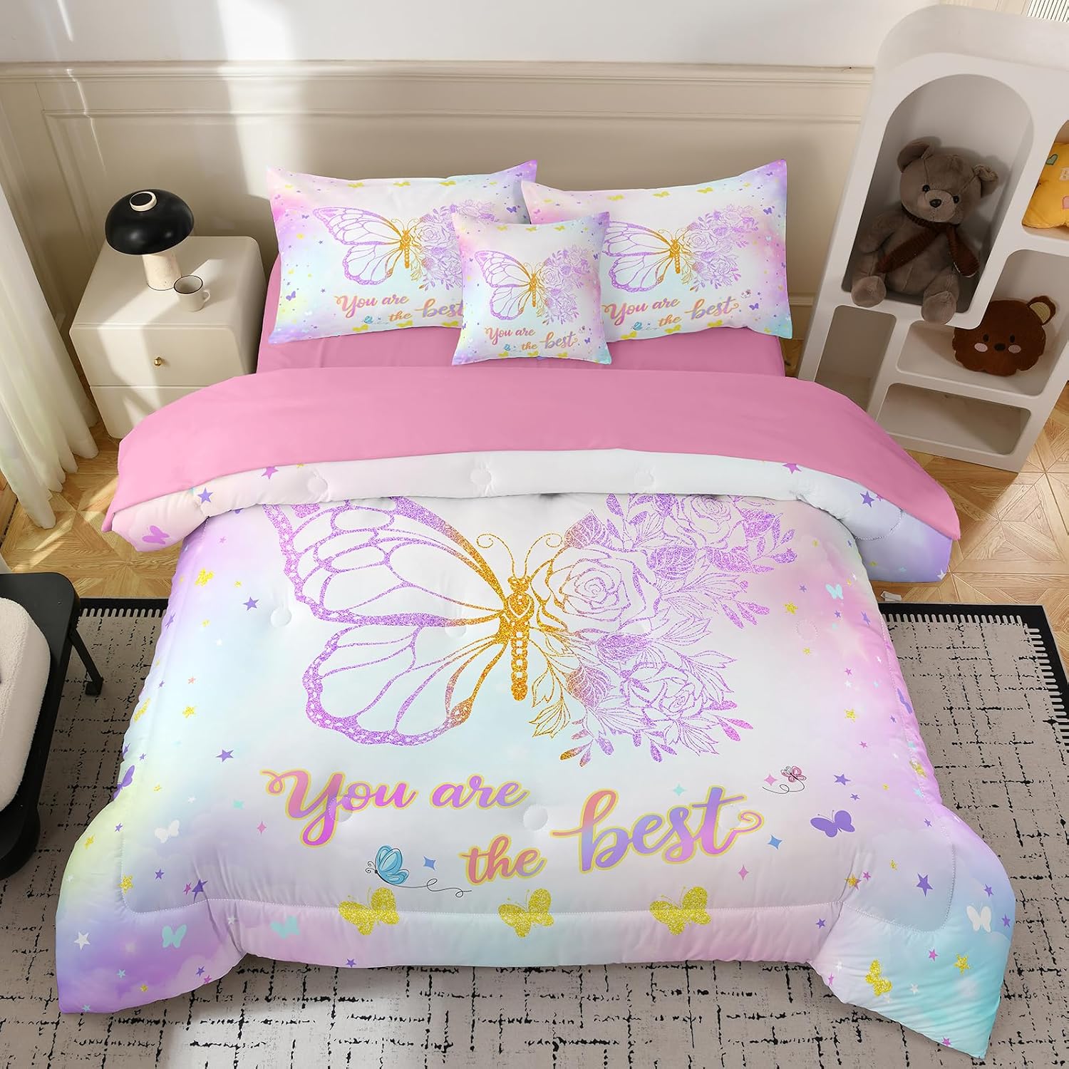 6pc Butterfly Bedding Set for Girls,Full Size Comforter Sets for Teen,Kids Comforter Set with 1 Quilt+1 Flat Sheet+1 Fitted Sheet+2 Pillowcases+1 Cushion Cover(Butterfly Full)