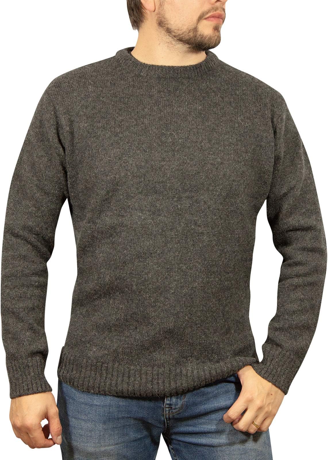 Boutique Retailer Men's Shetland Wool Crew Neck Cardigan Sweater Knitted Jumper Pullover (Large, Charcoal)