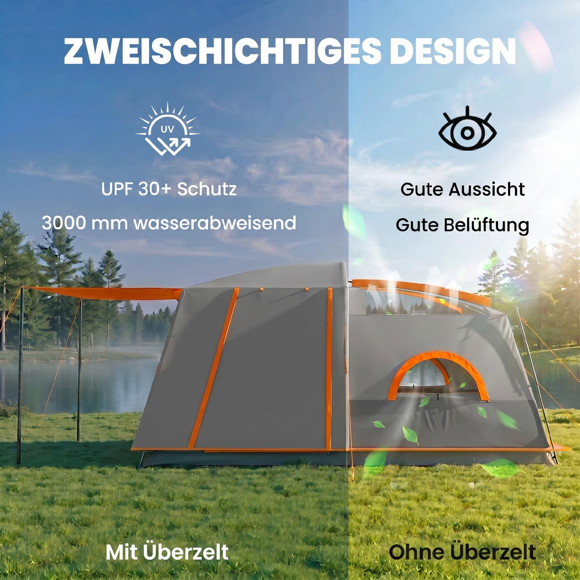 Outsunny Campingzelt für 4 Personen leicht, stabil wasserabweisend Tunnelzelt mit Vordach Bodenplane Seitentür Fenster Packtasche 3000mm Wassersäule groß Familienzelt Zelt für Camping Reise Garten