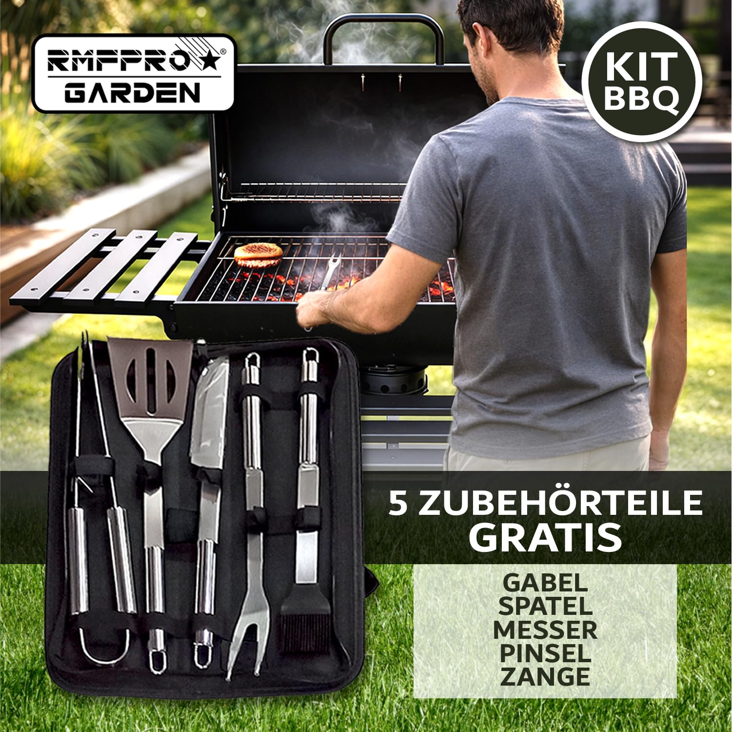 RMF Holzkohlegrill mit XL-Grillrost und integriertem Thermometer - Inklusive Zubehör-Kit und Abdeckung, robuster Stahlwagen mit Rädern, klappbare Seitenablagen, Ascheauffangschale