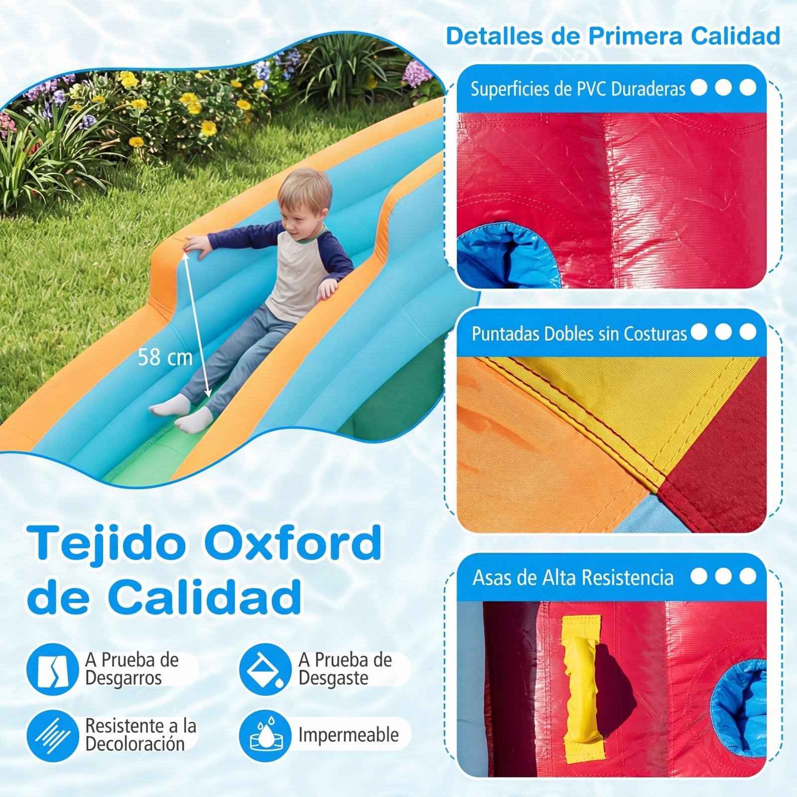 COSTWAY Castillo Hinchable Niños con Tobogán AcuáTico, Parque Infantil Inflable con Bolas Oceánicas, Fútbol, Baloncesto, Muro de Escalada, Aro, Portería y Cañón de Agua para 3 a 12 Años (Sin Soplador)