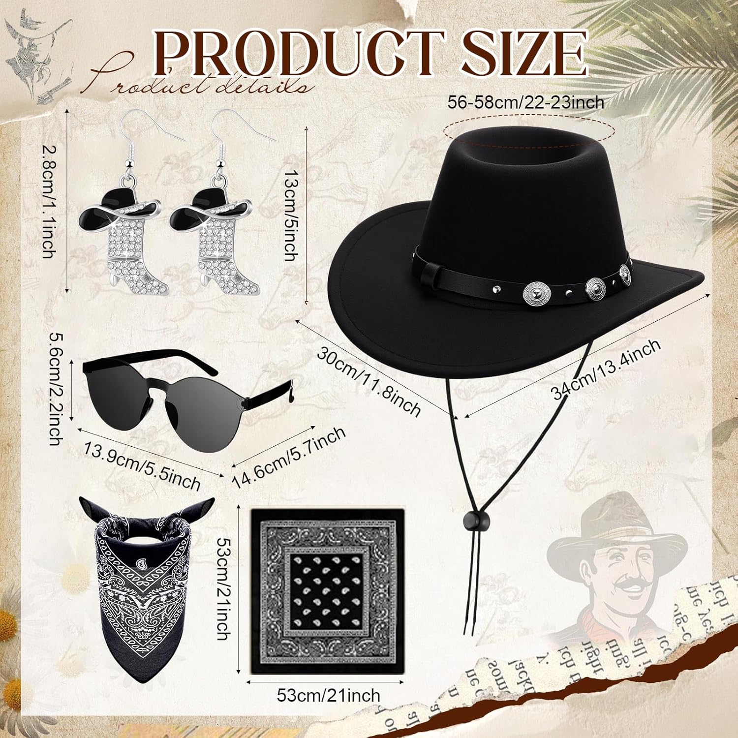 4 Pcs Western Cowgirl Costume Set for Women with Hat, Sunglasses, Bandana, and Earrings Outfit Black - Image 2