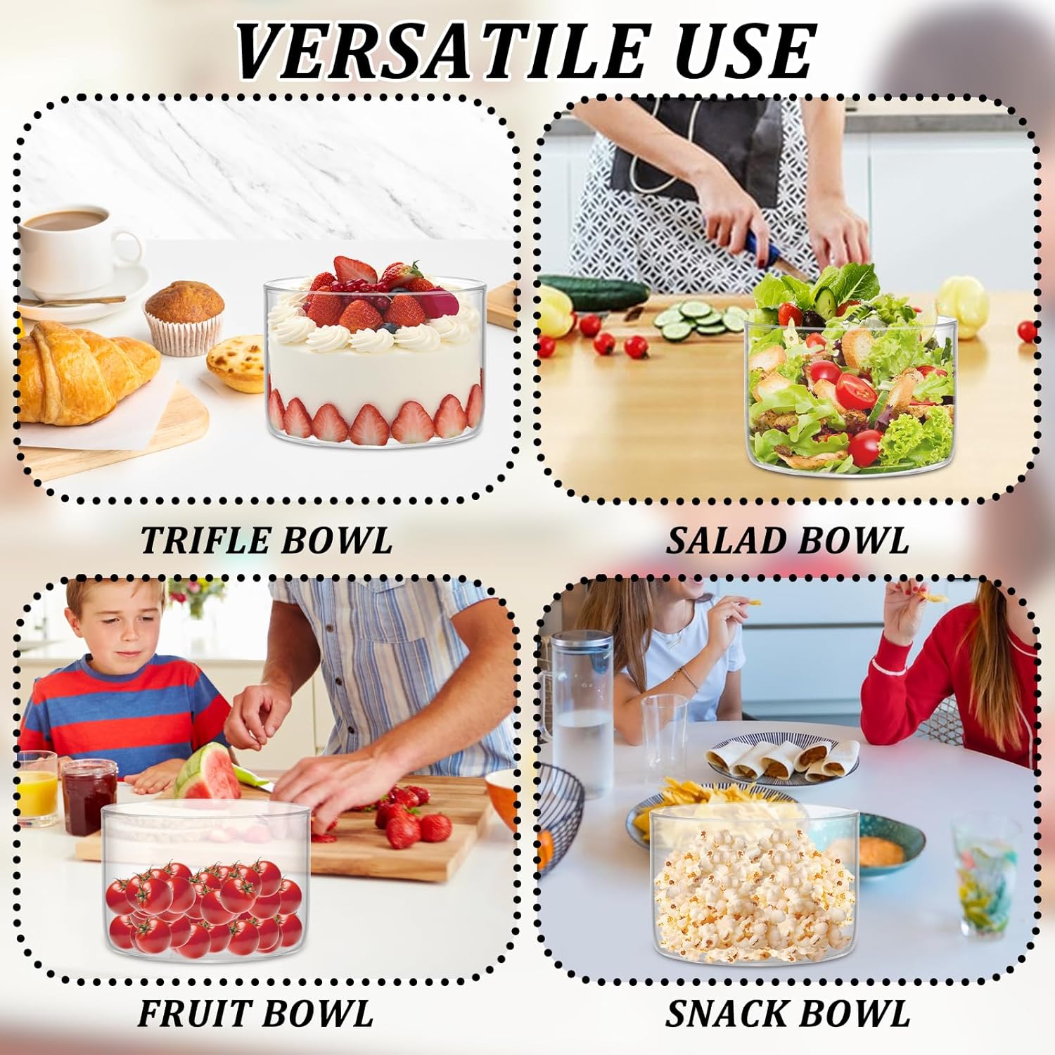 2PCS Premium Glass Trifle Bowl with Lid, Perfect for Desserts, Ice Cream, Fruit, Salads, and Food Storage 5.5 x 3.5inch Stylish Clear Round Glass Container with Airtight Lid, Microwave Safe