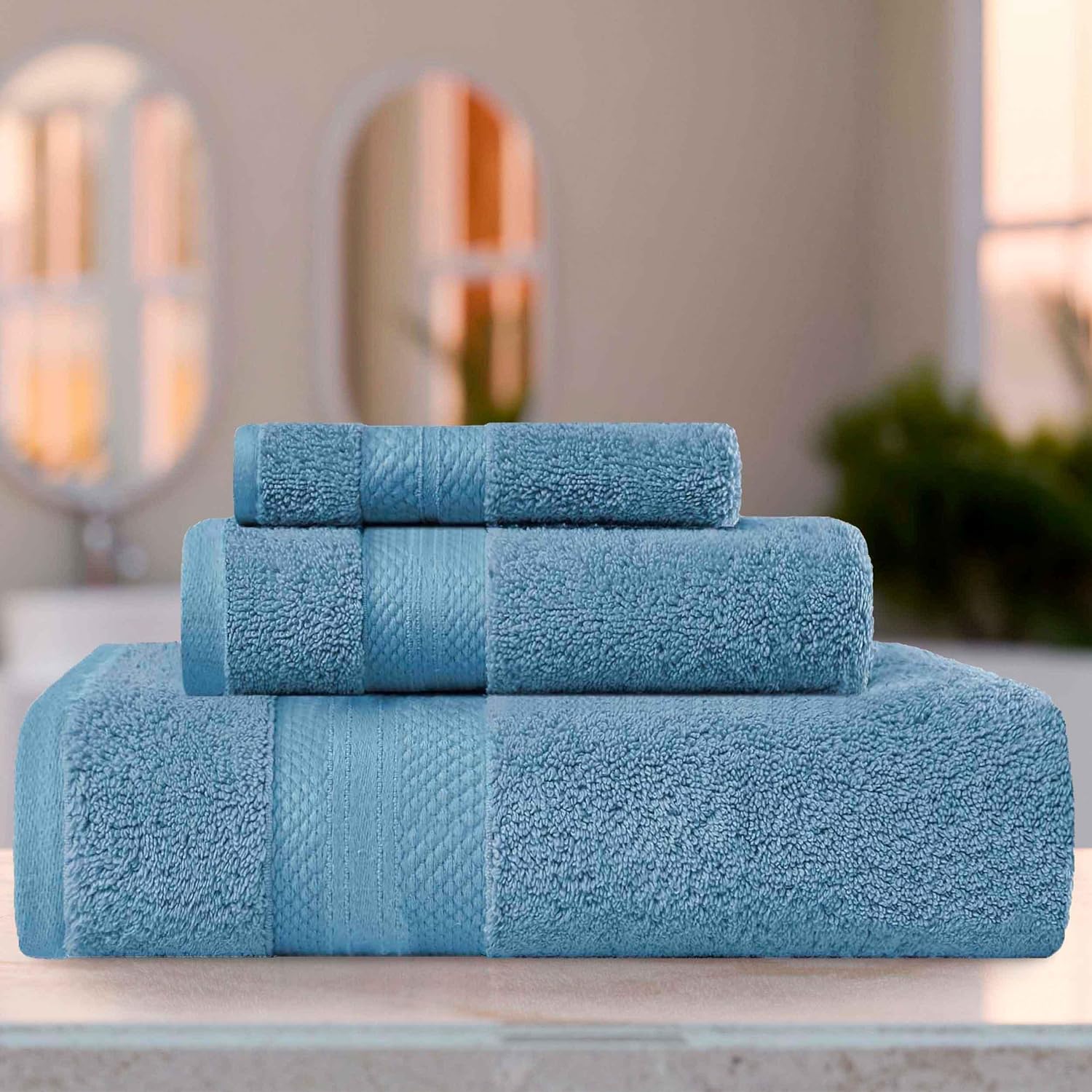 Impressions Aria Turkish Cotton Towels, Towel Set for Bathroom, Shower, Plush, 800 GSM, Bathroom Decor, Highly Absorbent and Ultra-Soft Towels, Bath Essentials, 3 Piece Assorted Towel Set, Denim Blue