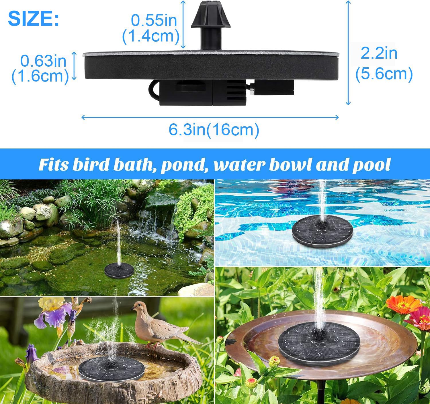 Pompa a fontana per uccelli a energia solare con 6 ugelli per vasche per uccelli, giardini, laghetti e piscine, decorazione ideale per esterni