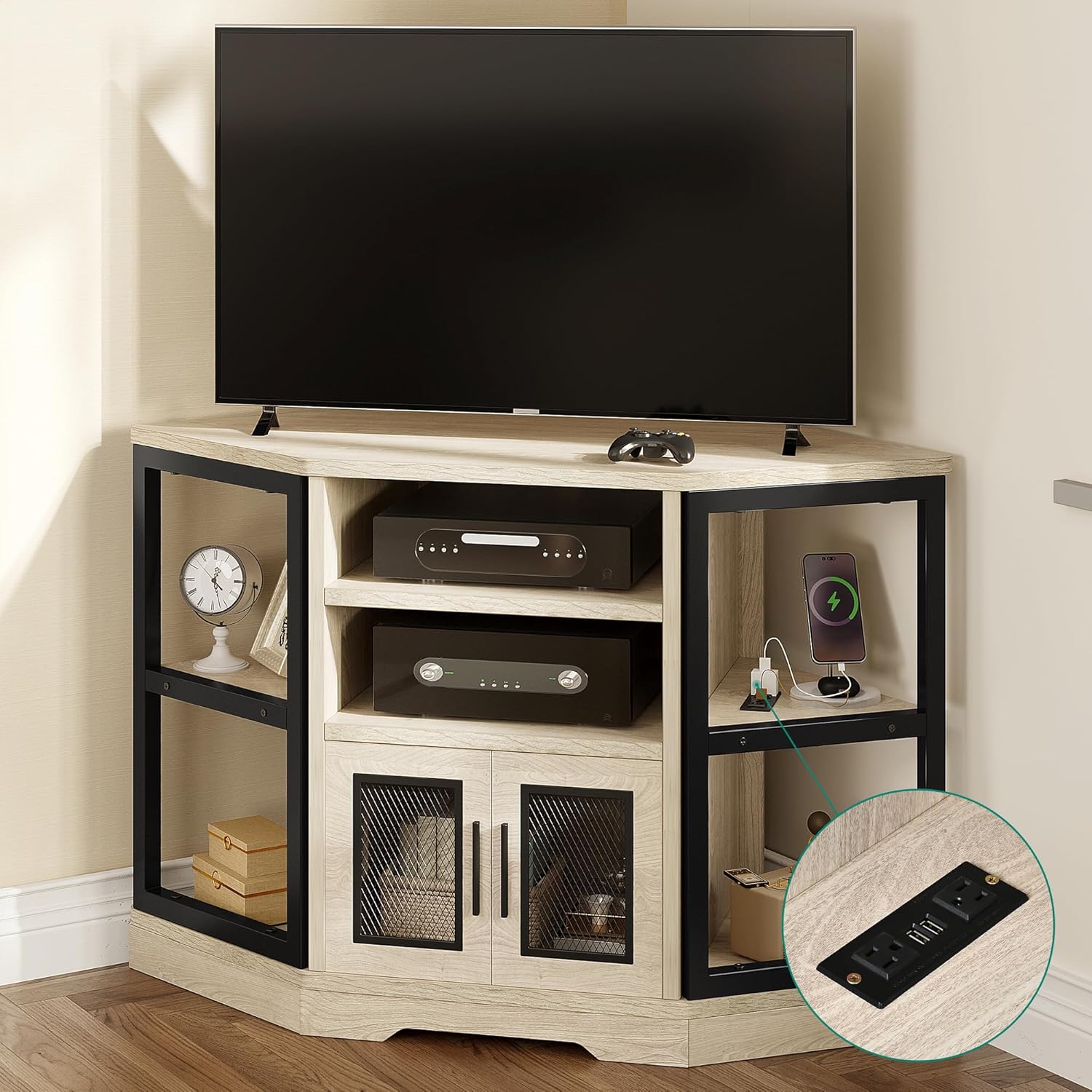 YITAHOME Corner TV Stand for TVs up to 55/50 Inch with Power Outlet, Modern Farmhouse Entertainment Center, Wood TV Media Console with Storage Cabinets Shelves for Living Room Bedroom, White Oak White Oak With Outlet