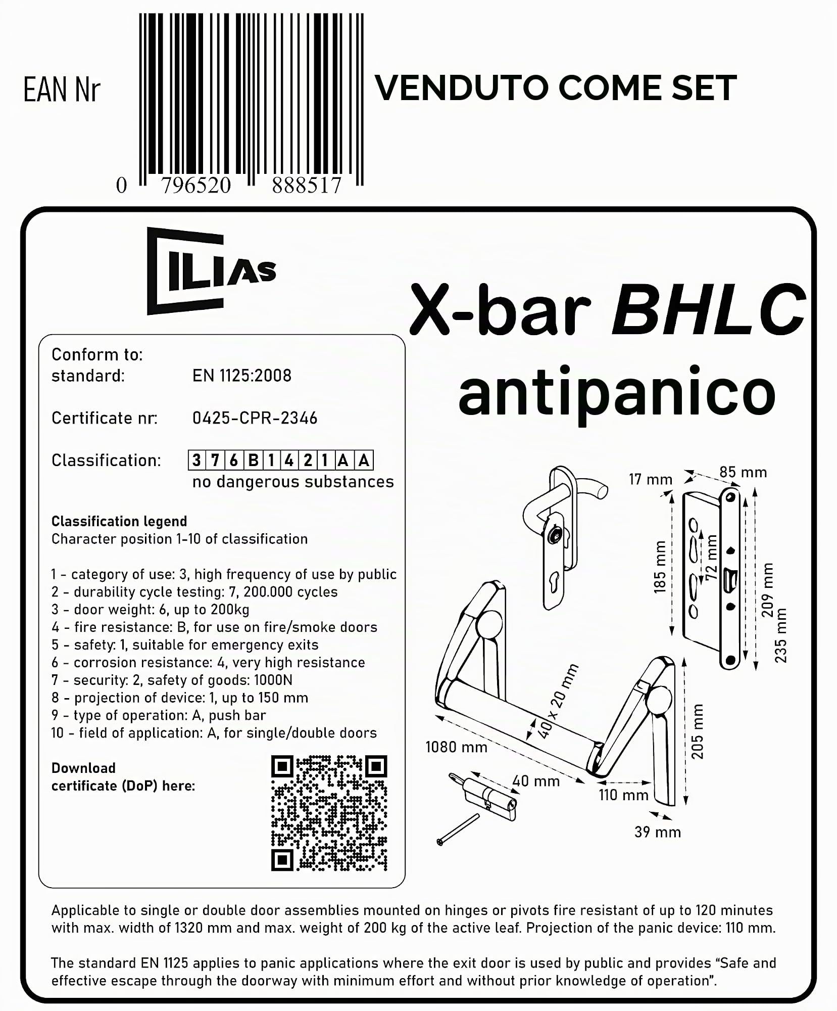 Maniglione antipanico con serratura, maniglia, cilindro per porte su uscite di sicurezza, marcato CE, EN 1125 (Kit completo)