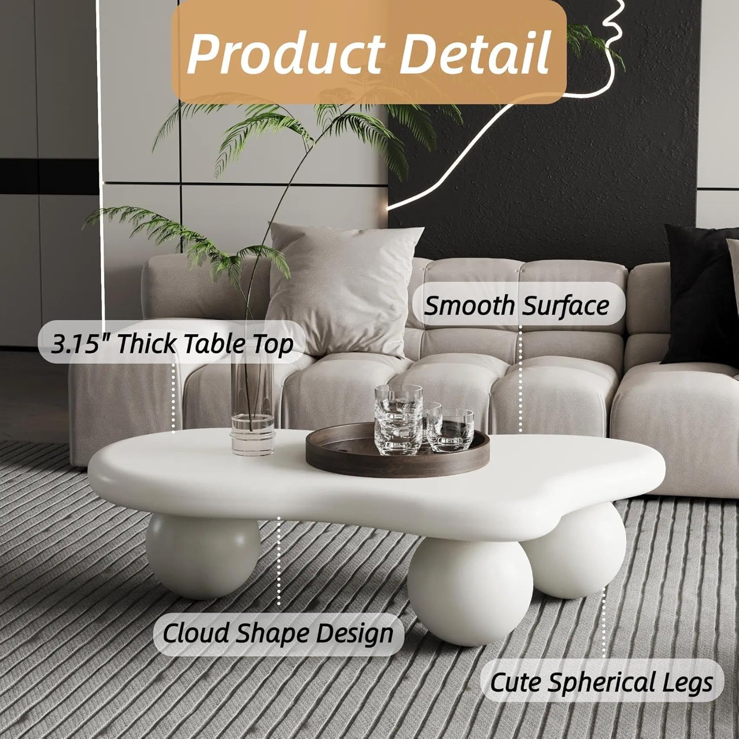 40" Cloud Coffee Table with Round Edge, Modern Coffee Table with 3 Ball Legs, Accent Unique Center Tables for Living Room, Balcony, for New Home, Easy Assembly, White
