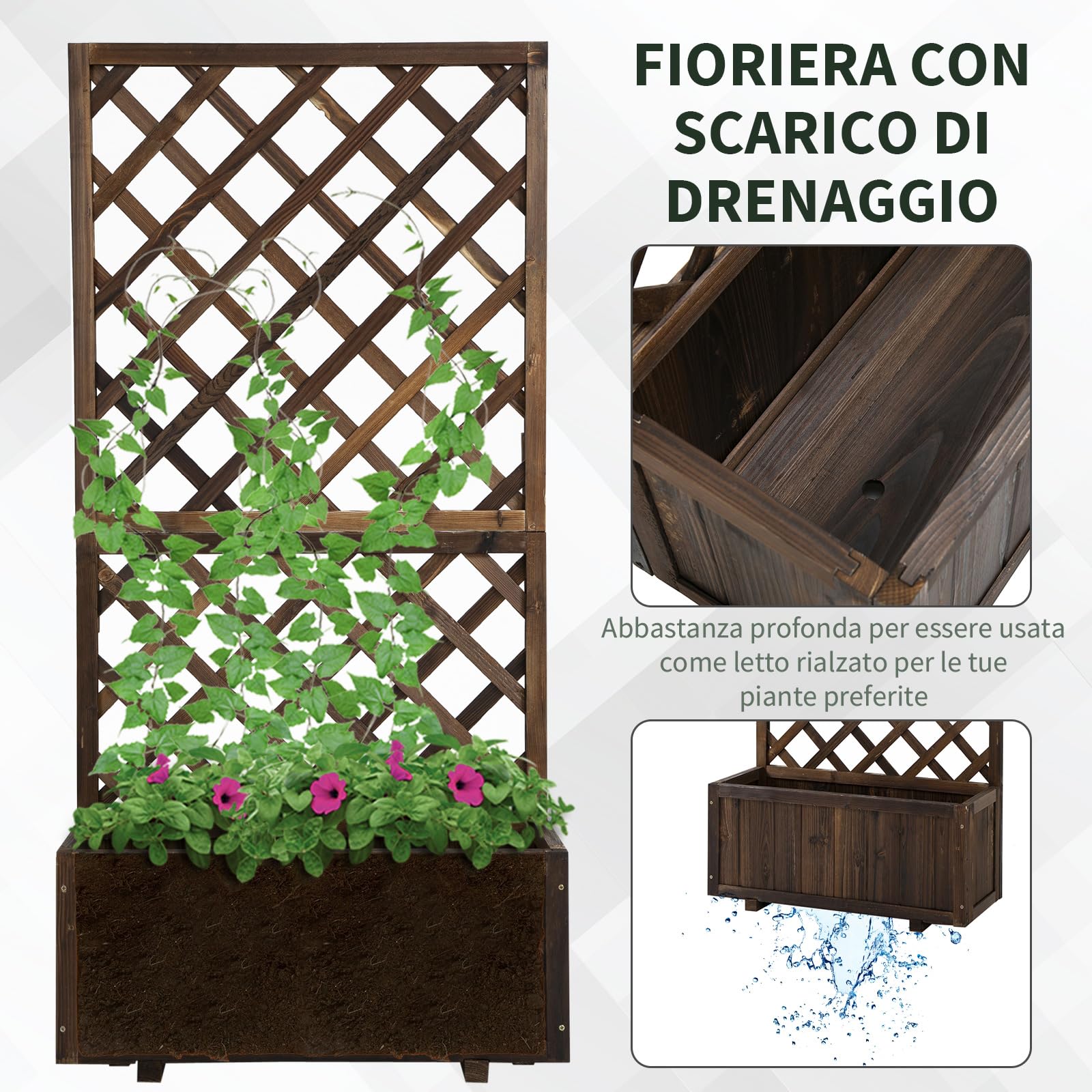 Outsunny Fioriera da Esterno con Spalliera a Griglia per Piante Rampicanti e Vaso, Fioriera in Legno di Abete Durevole, 72.5x31.5x149.5 cm