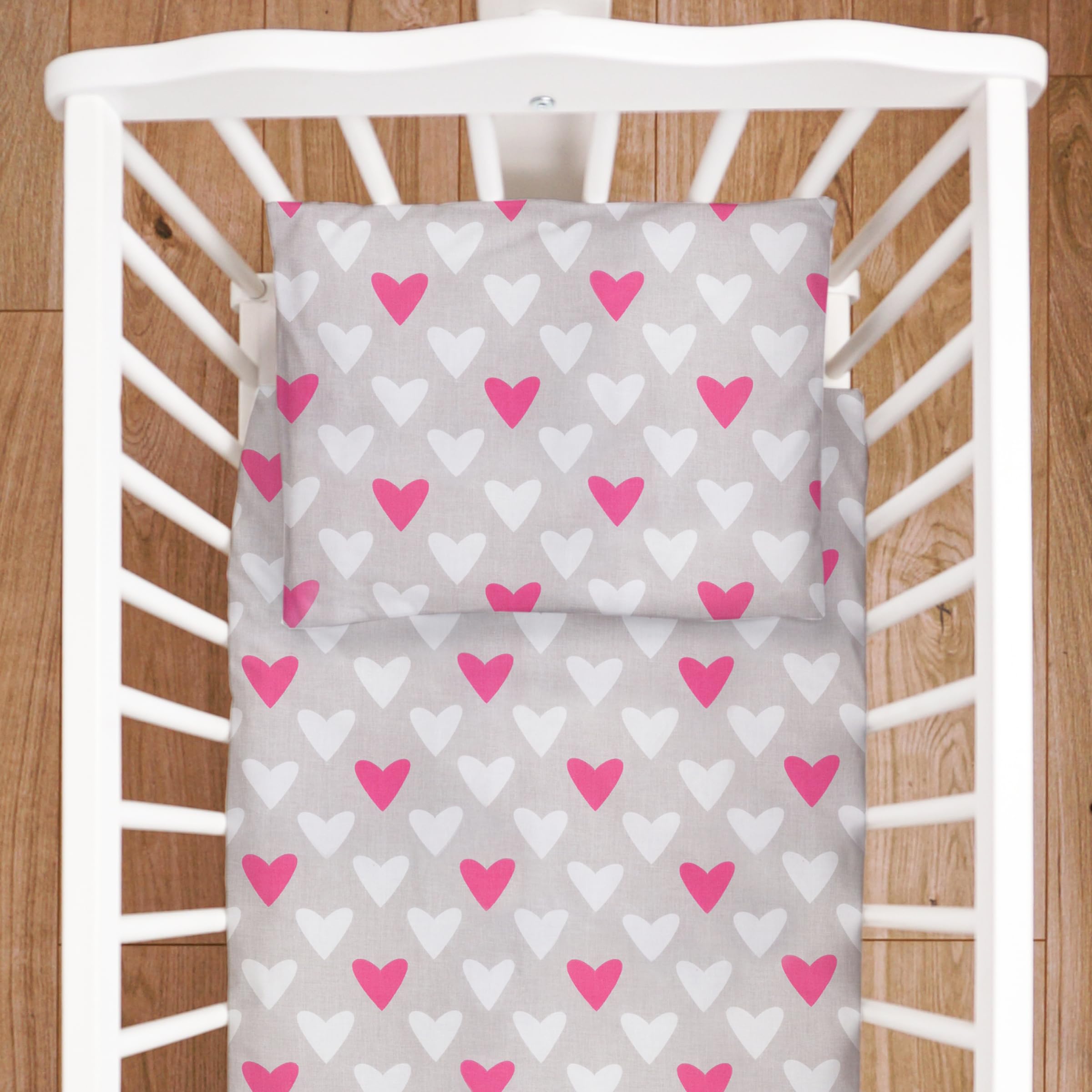 Baby Comfort 4 Piece Duvet Pillow Duvet Cover Pillowcase 80x70 cm Bedding Set 12M+ (Pink Hearts)