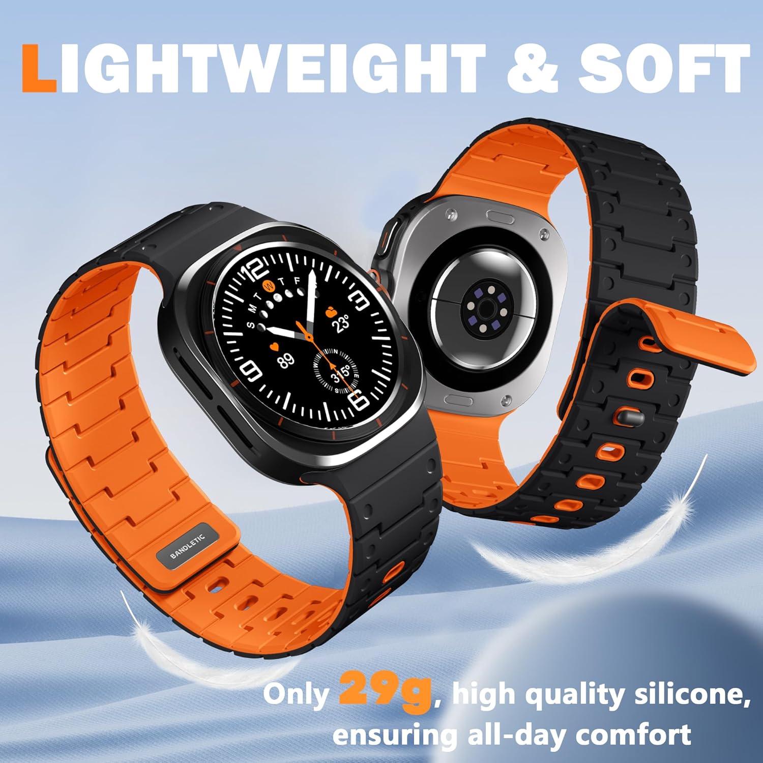Bandletic Watchband Compatible with Samsung Galaxy Watch Ultra(2025/2024)Bands 47mm for Women, Silicone Strong Magnet Wristbands Adjustable Sport Strap for Galaxy Watch Ultra Bands for Man, Black Orange - Image 5